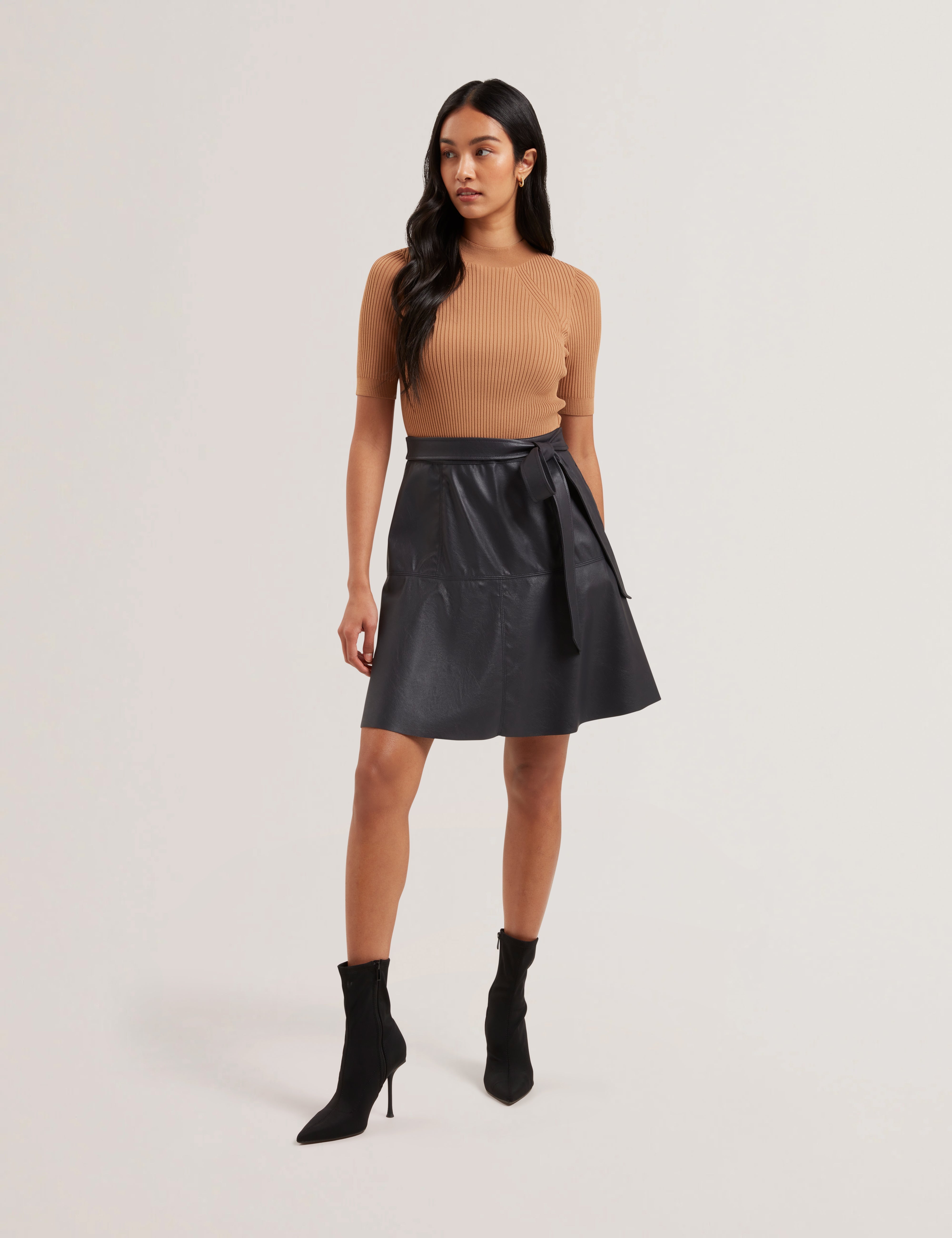 Oliyia Knit Bodice Faux Leather Skirt Mini Dress Navy
