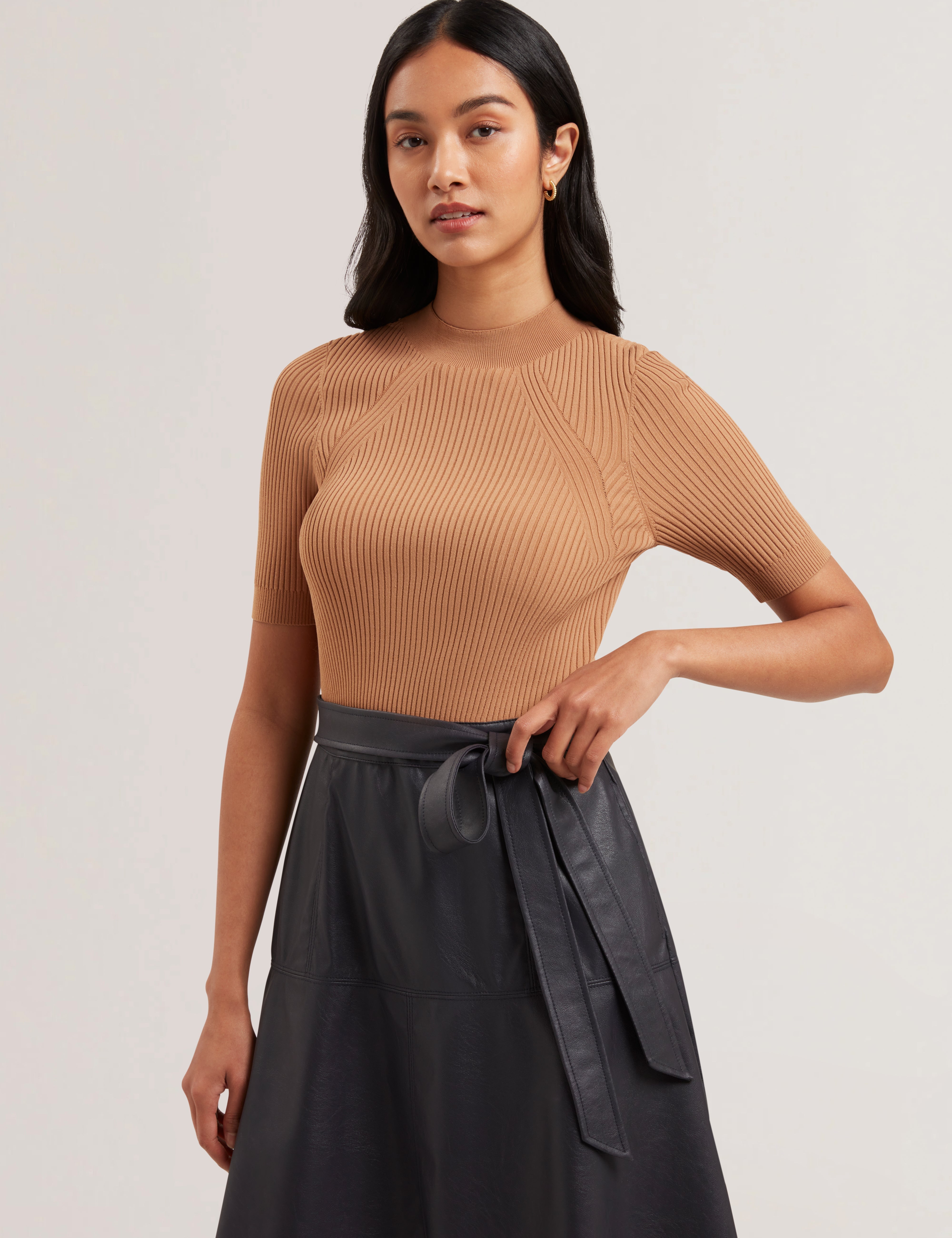 Oliyia Knit Bodice Faux Leather Skirt Mini Dress Navy