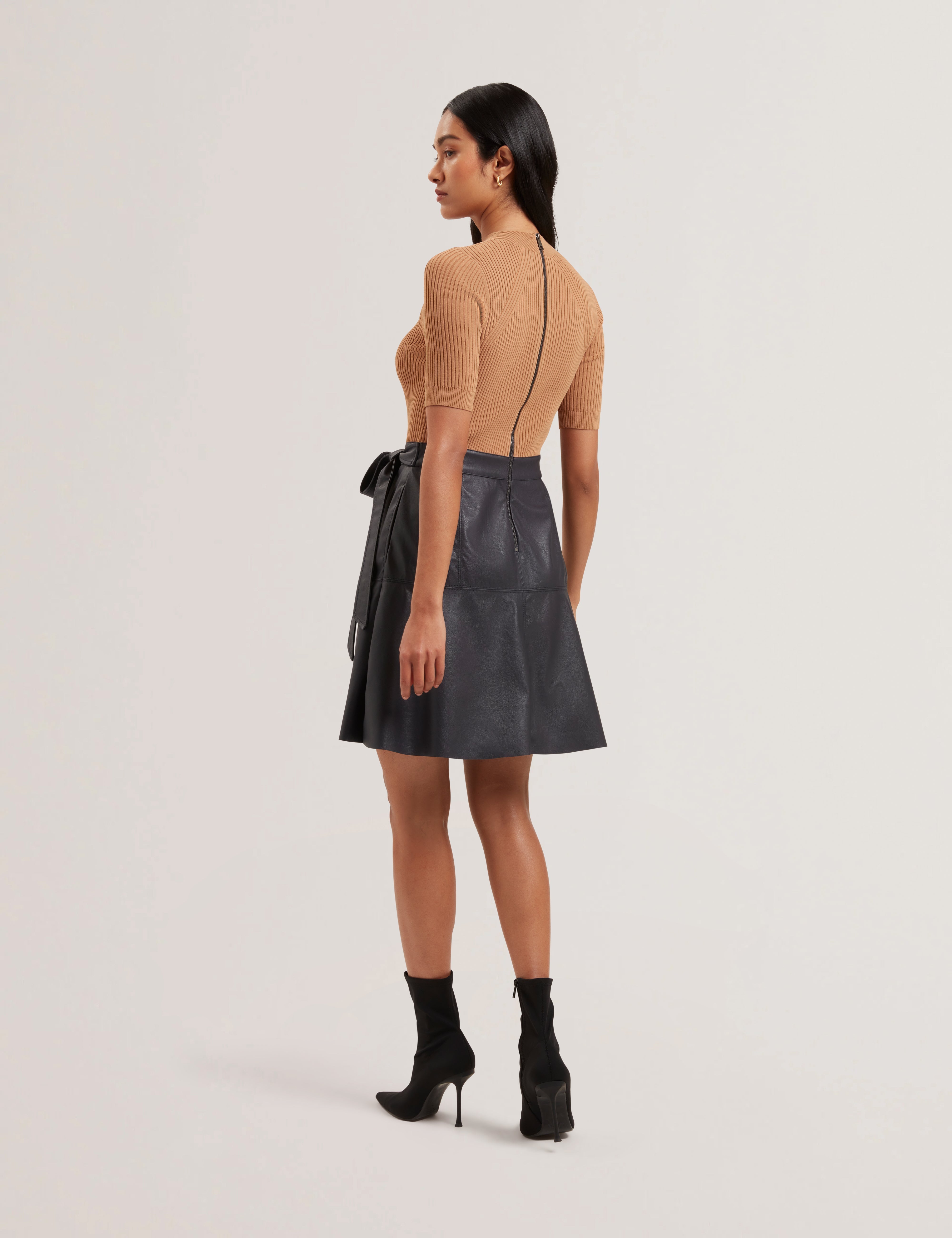Oliyia Knit Bodice Faux Leather Skirt Mini Dress Navy