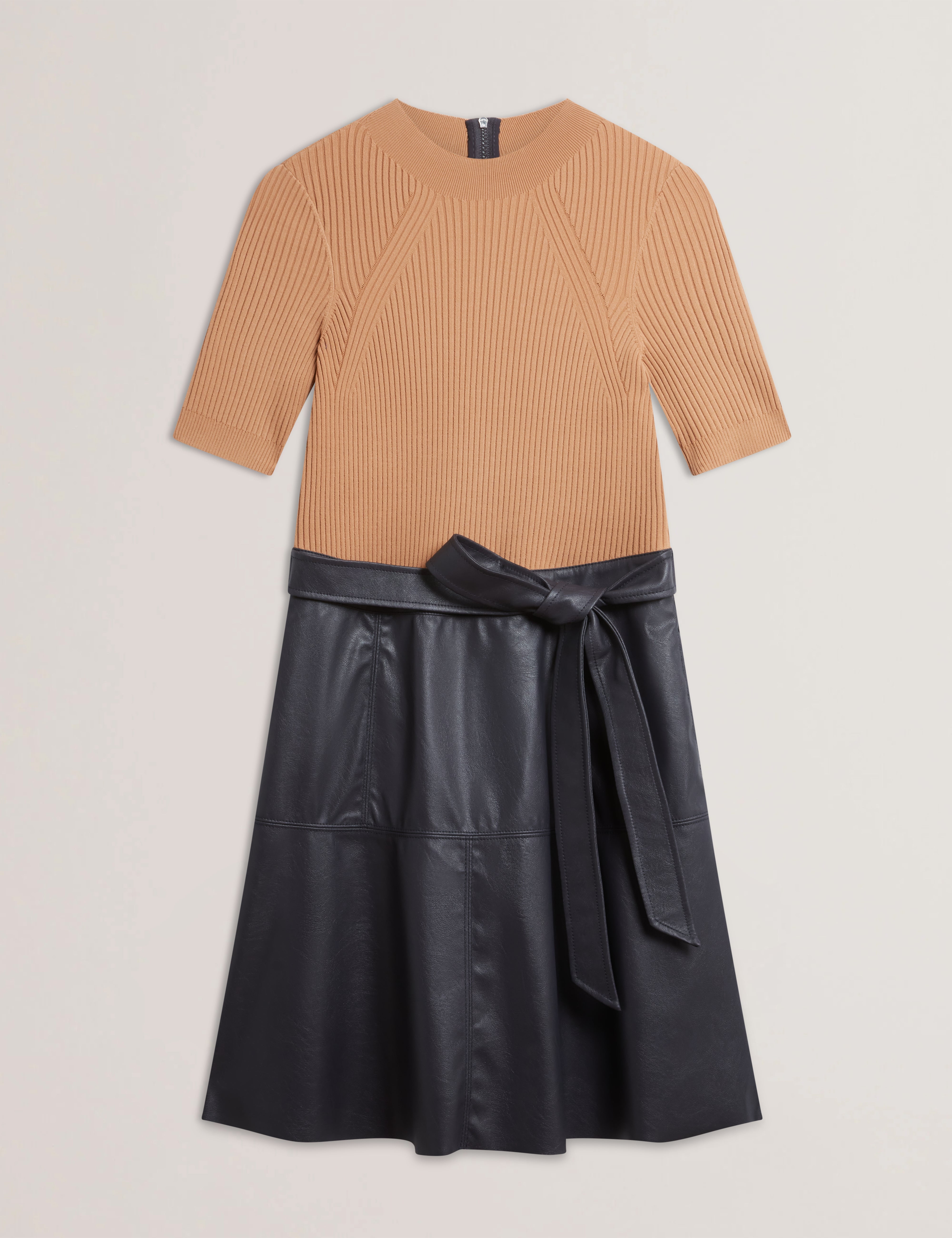 Oliyia Knit Bodice Faux Leather Skirt Mini Dress Navy