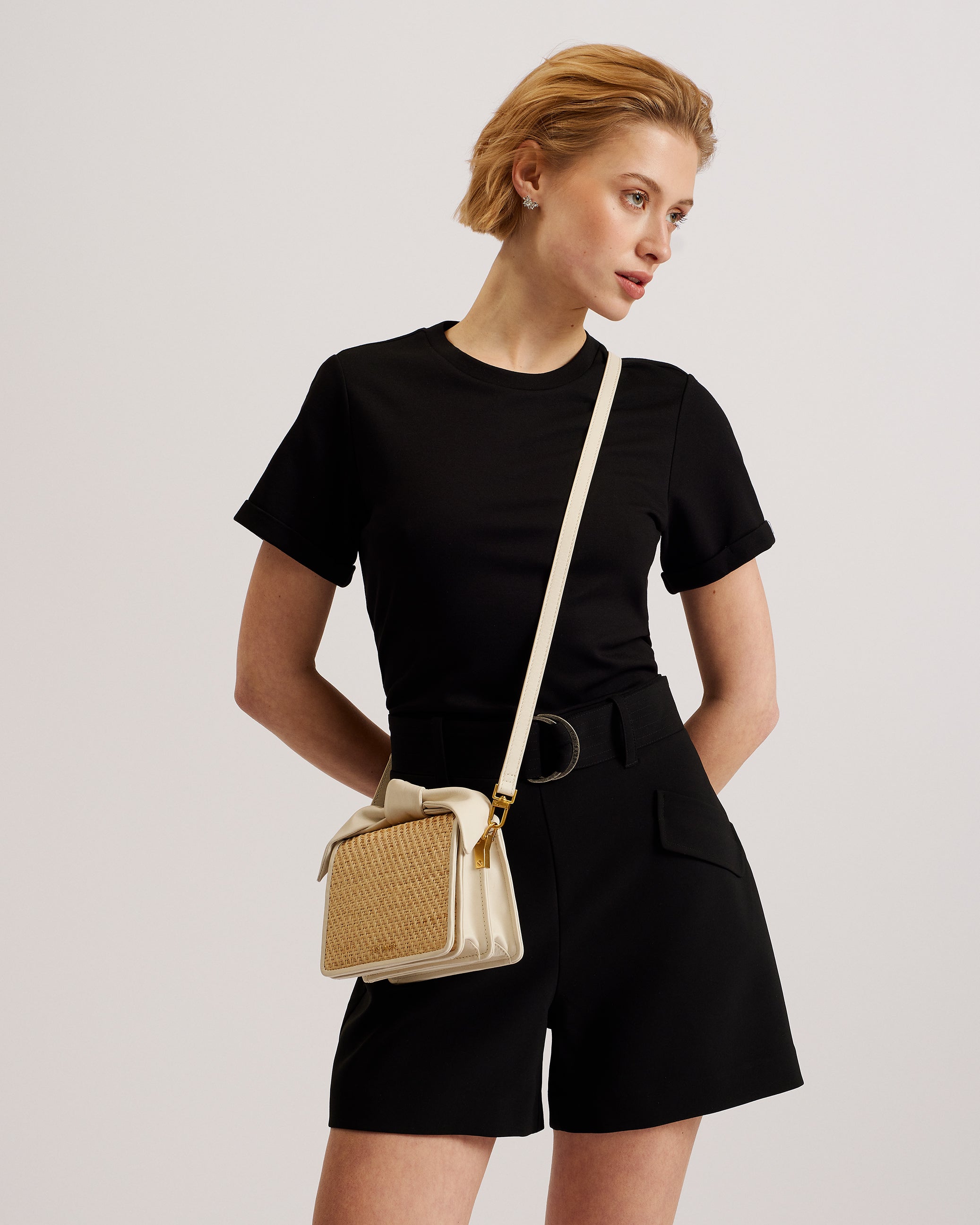 Niyahna Knot Bow Woven Mini Crossbody Bag Ivory