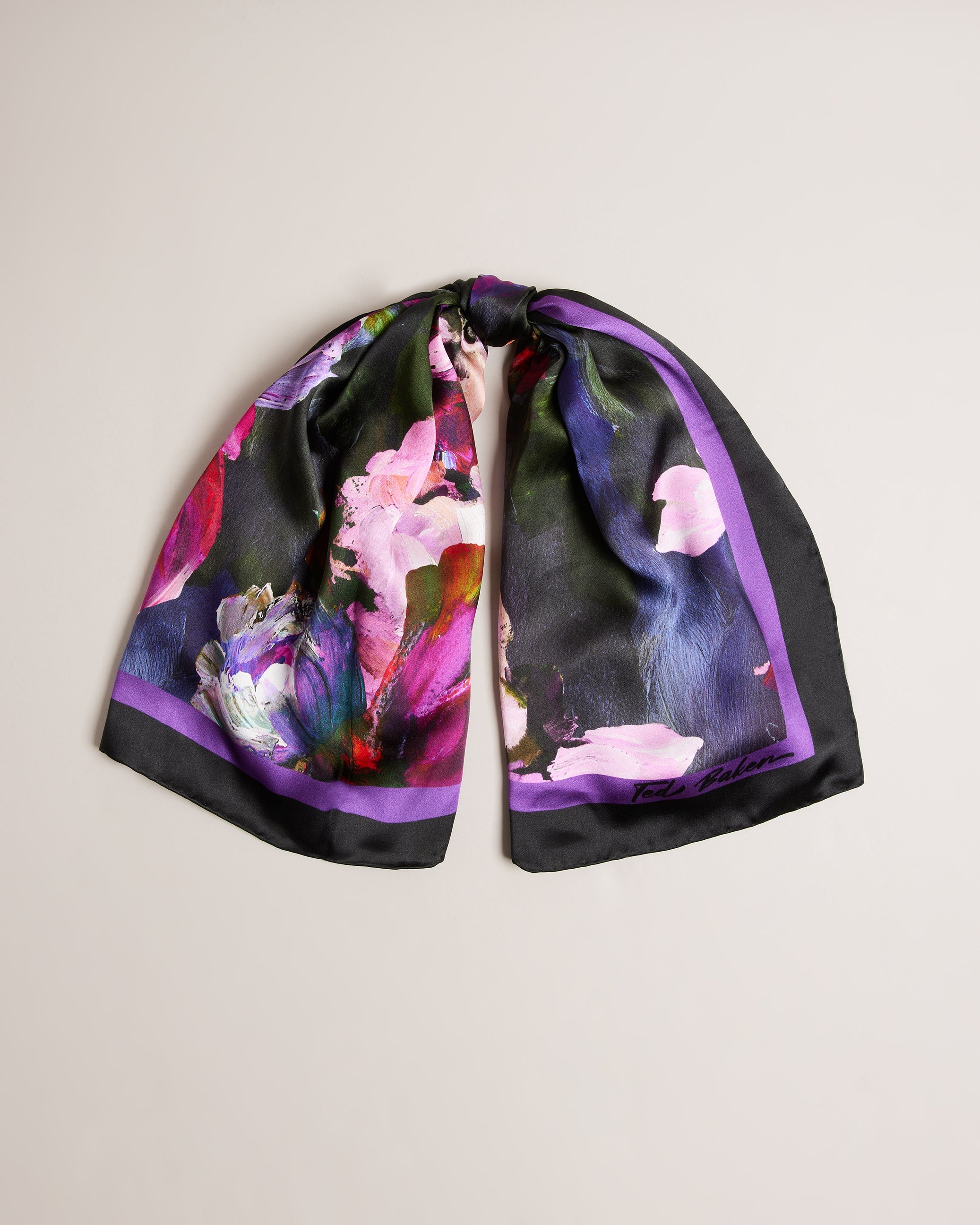 Ellenns Floral Print Silk Scarf Black
