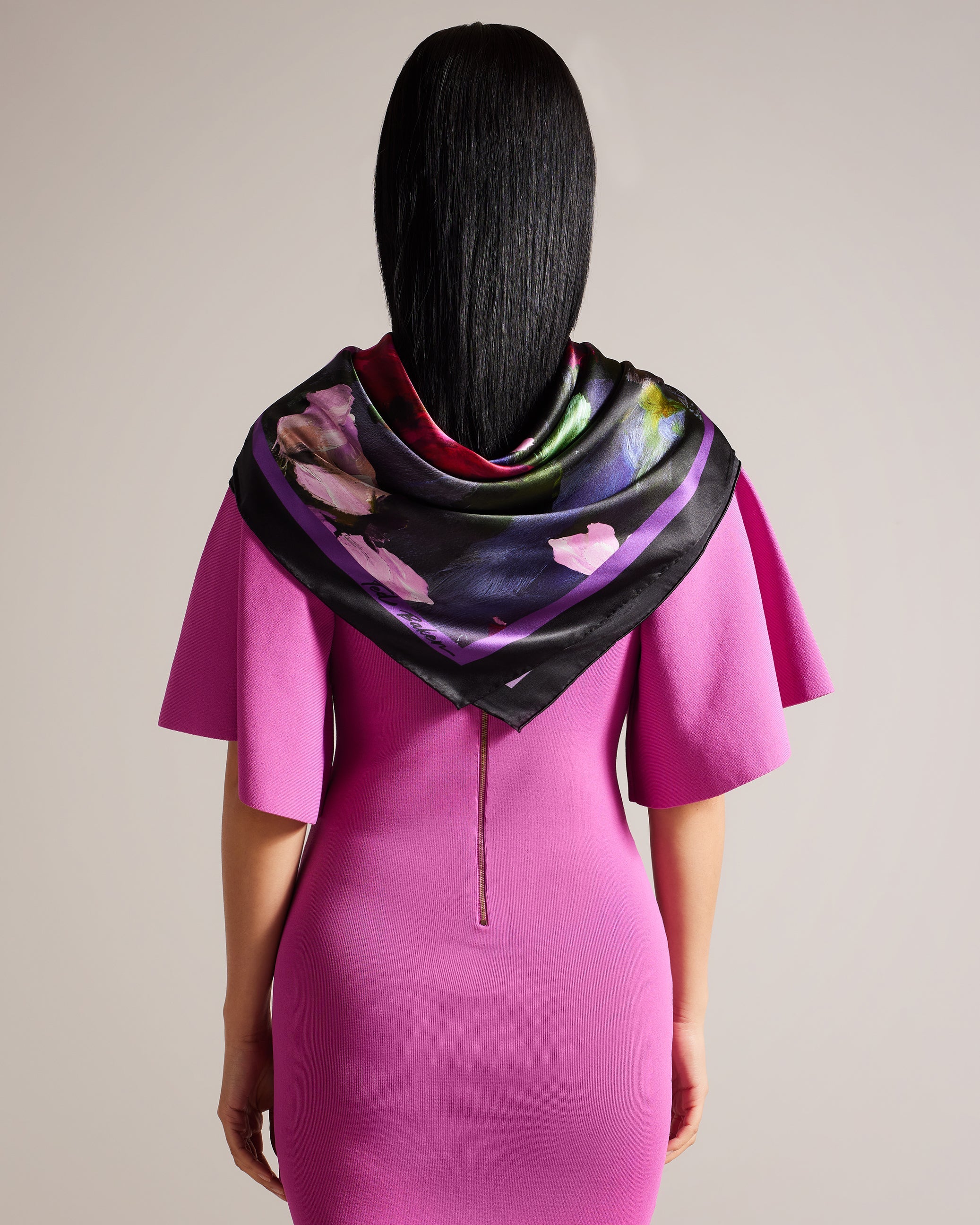 Ellenns Floral Print Silk Scarf Black