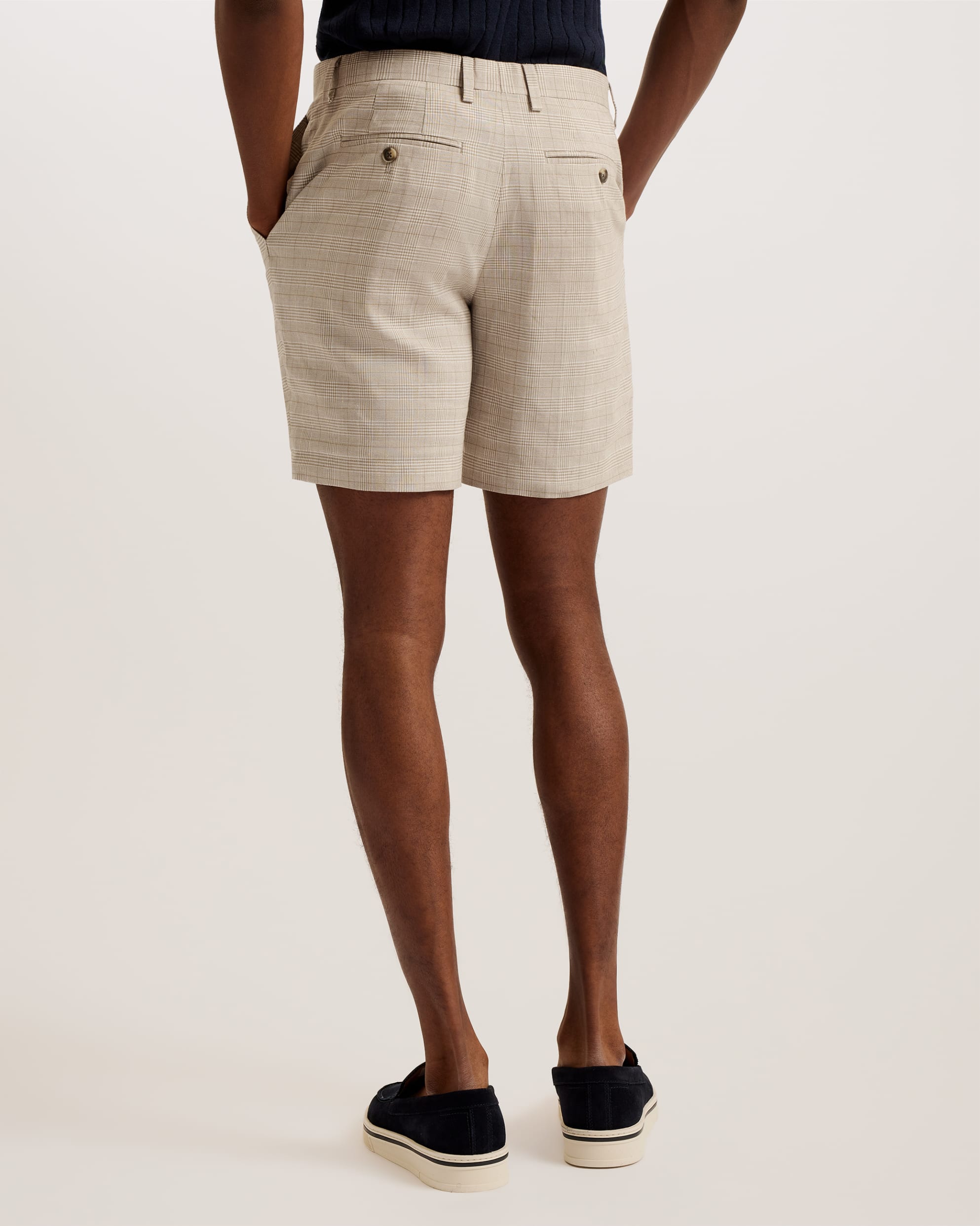 Lambath Slim Fit Check Linen Blend Shorts Taupe