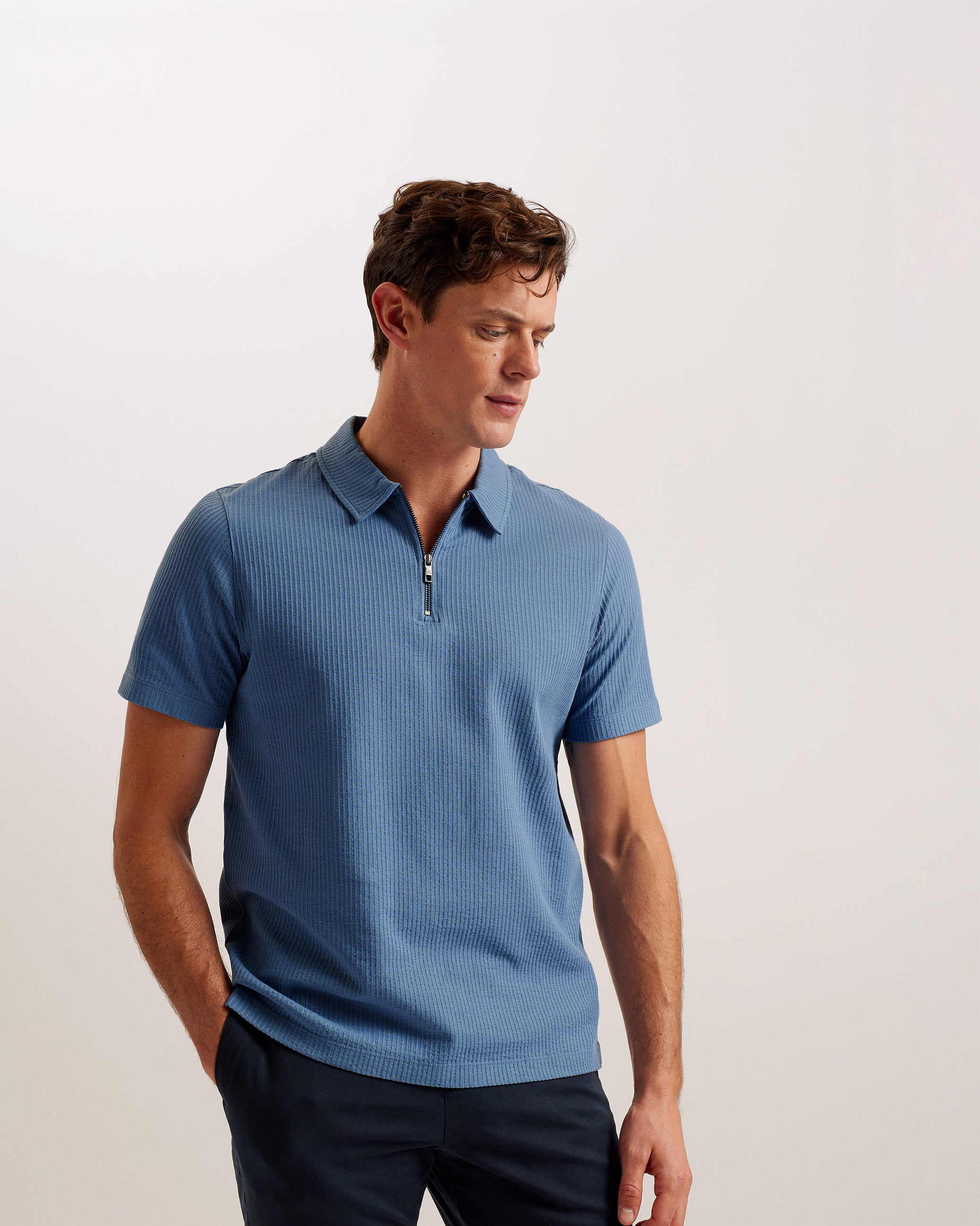 Zarkes Short Sleeve Ribbed Zip Polo Shirt Blue