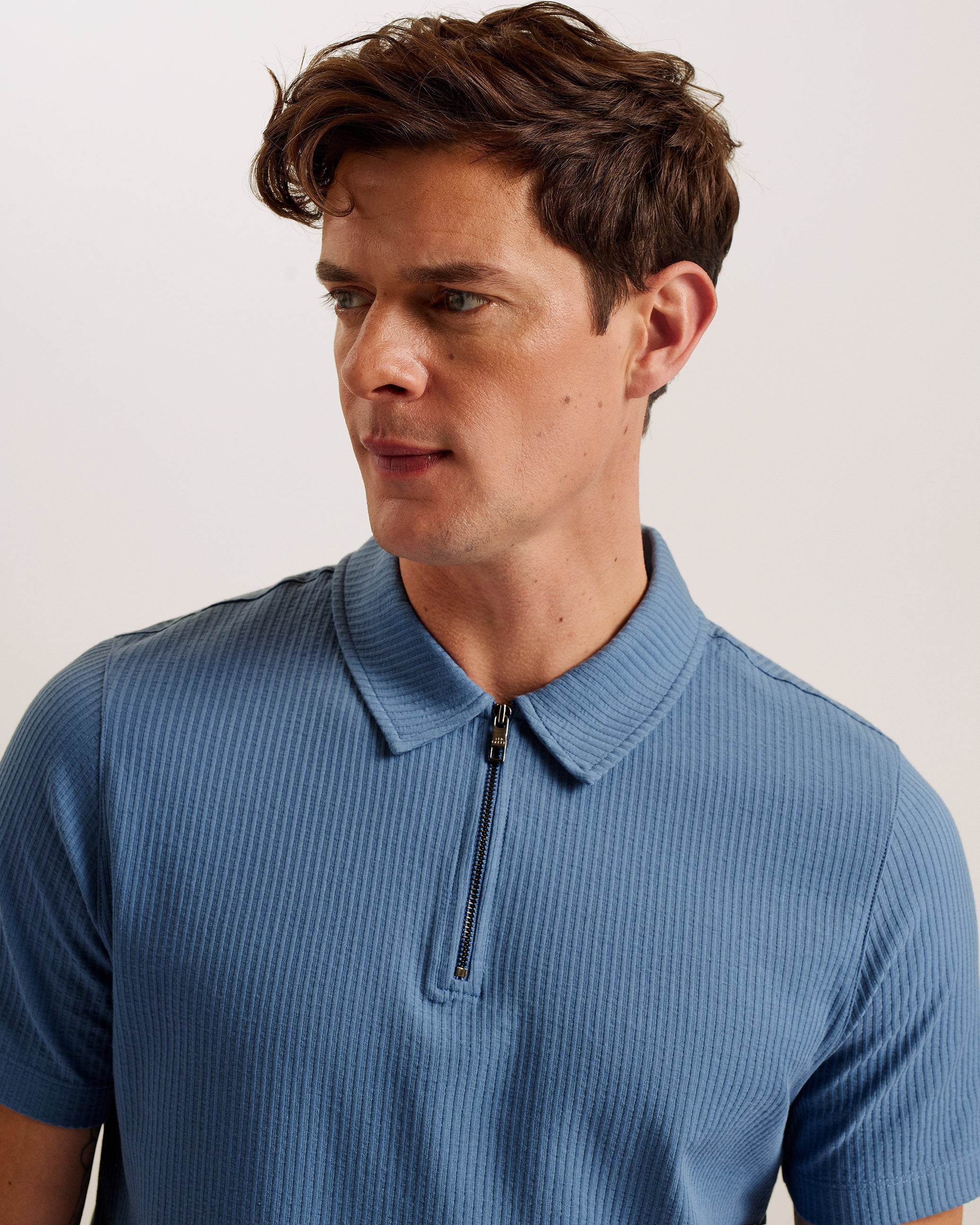 Zarkes Short Sleeve Ribbed Zip Polo Shirt Blue