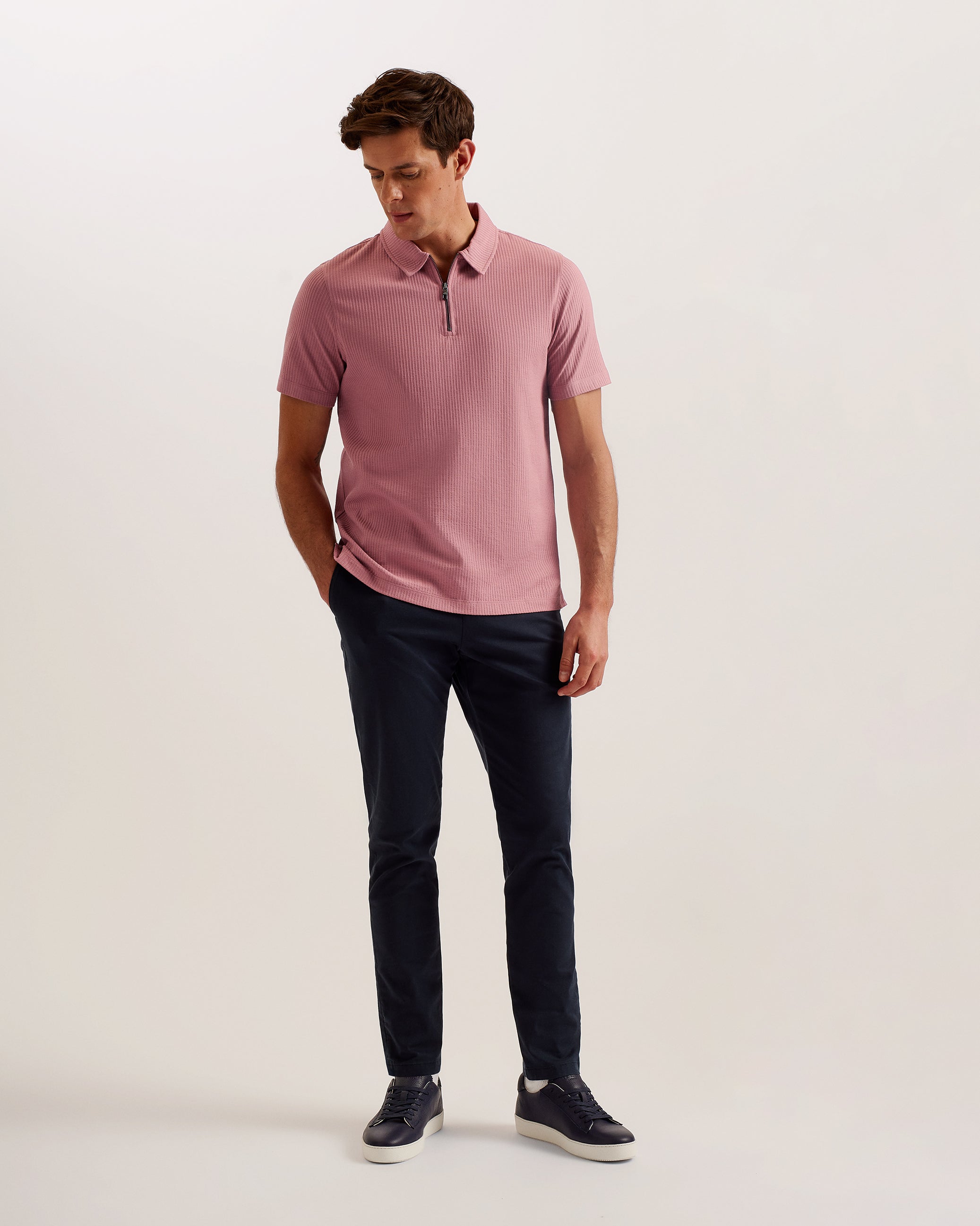 Zarkes Short Sleeve Ribbed Zip Polo Shirt Mid-Pink