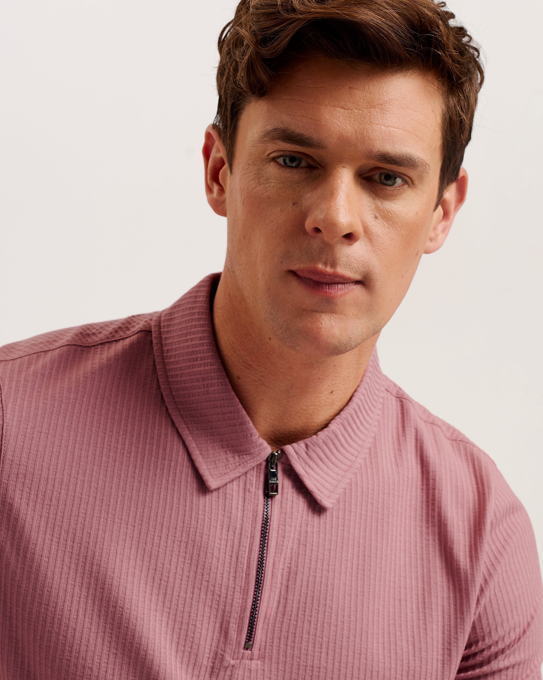 Zarkes Short Sleeve Ribbed Zip Polo Shirt Mid-Pink