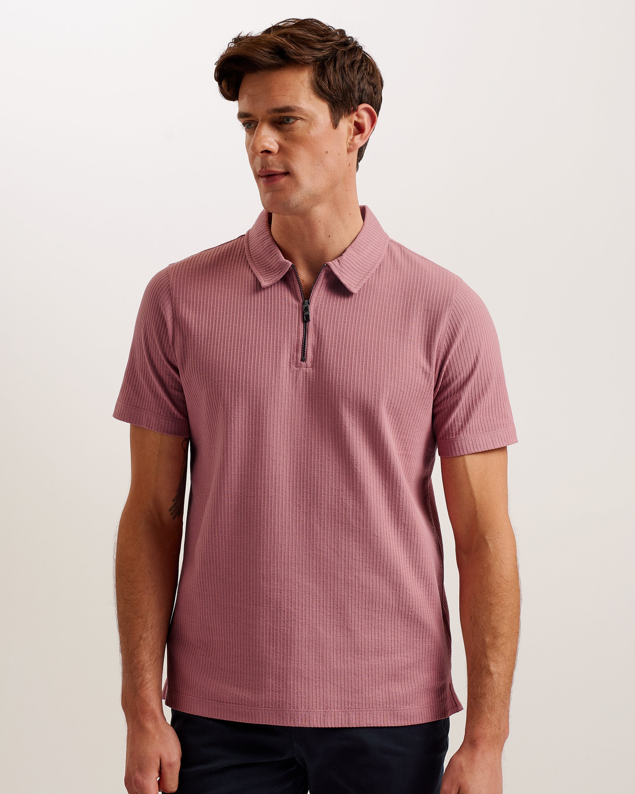 Zarkes Short Sleeve Ribbed Zip Polo Shirt Mid-Pink