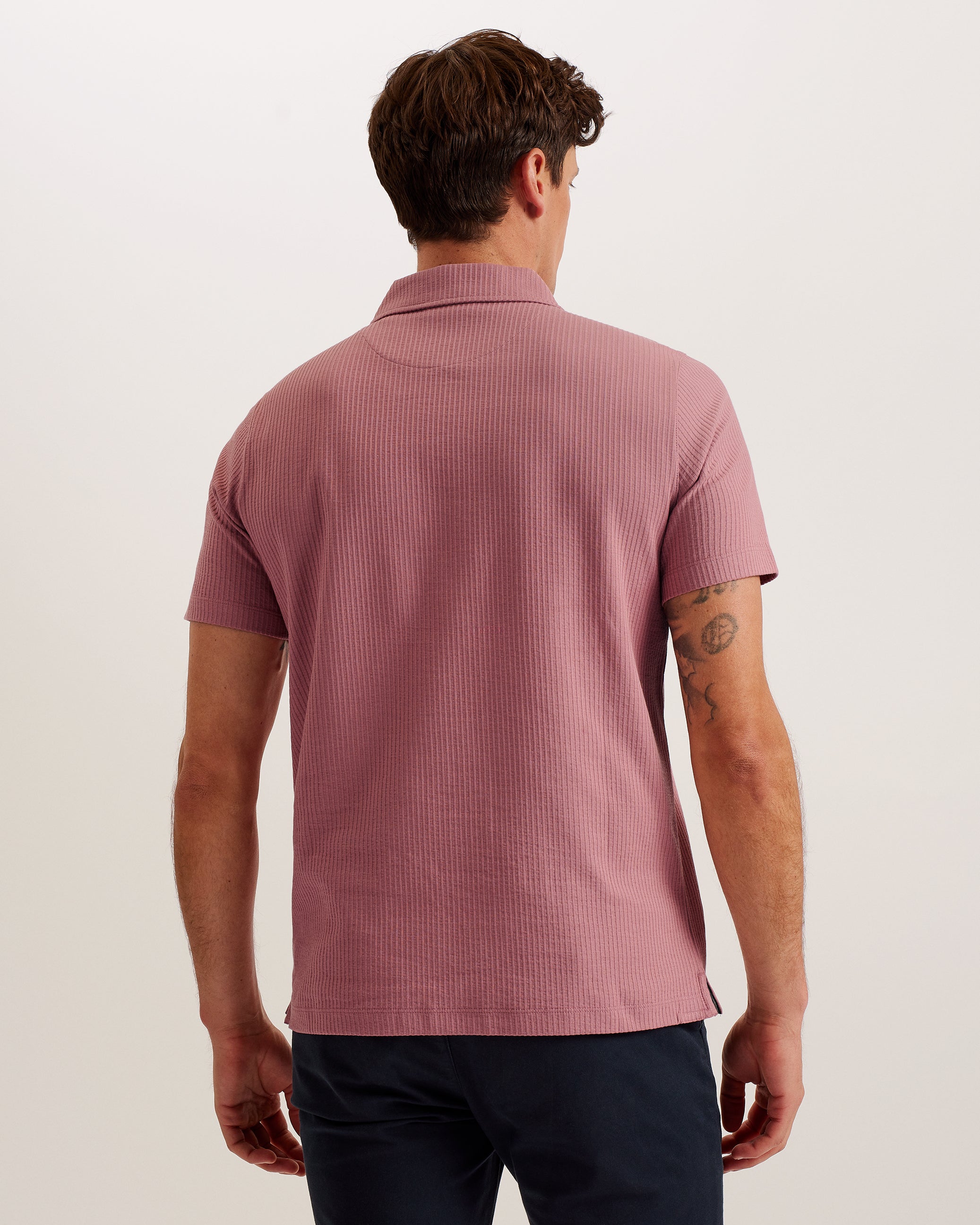Zarkes Short Sleeve Ribbed Zip Polo Shirt Mid-Pink