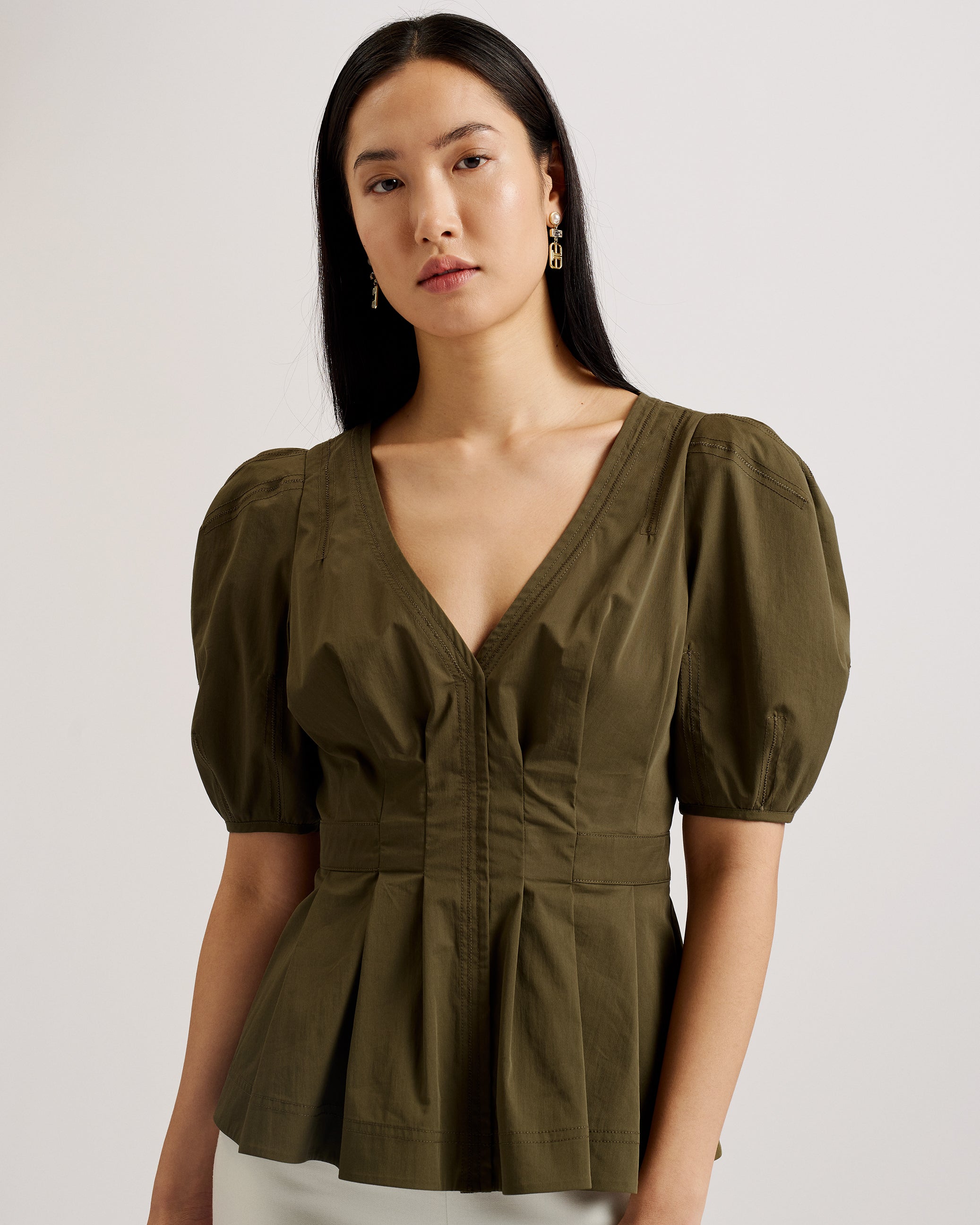 Burdur Stitch Detail Puff Sleeve Top Khaki
