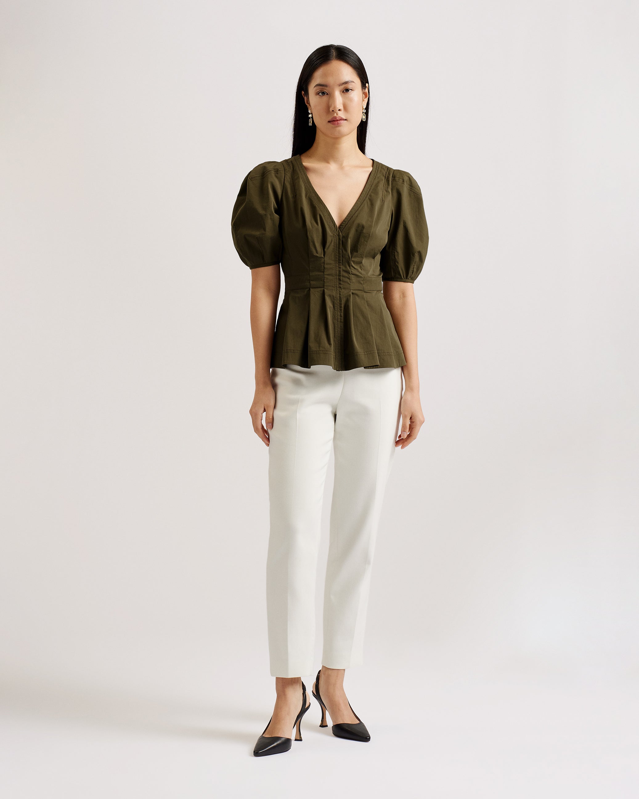 Burdur Stitch Detail Puff Sleeve Top Khaki