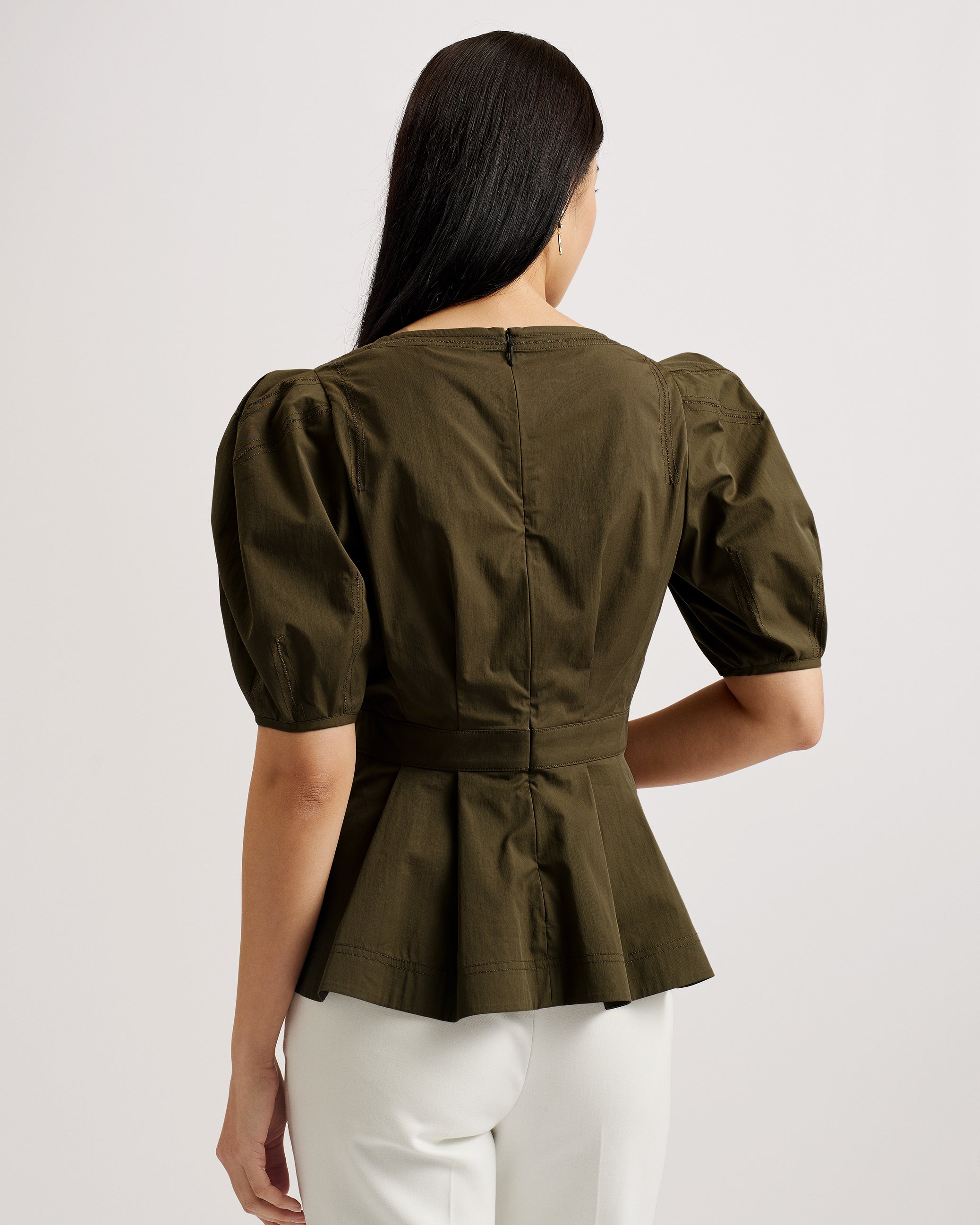 Burdur Stitch Detail Puff Sleeve Top Khaki