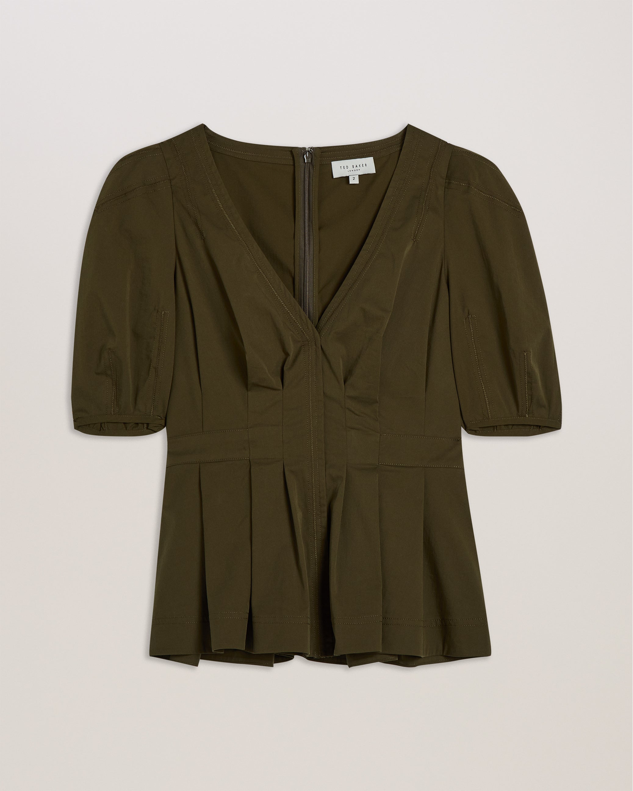 Burdur Stitch Detail Puff Sleeve Top Khaki