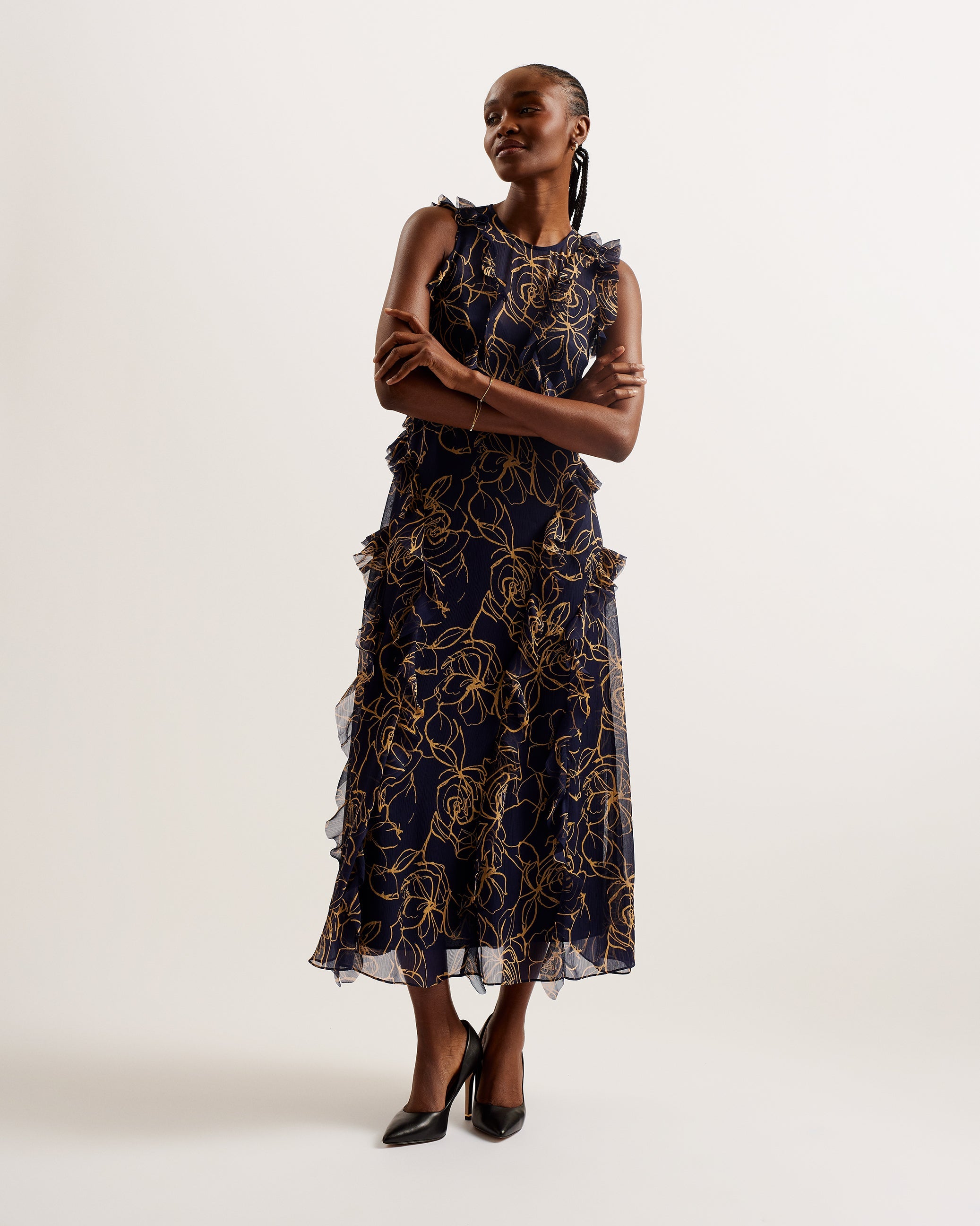 Rize Sleeveless Waterfall Ruffle Midi Dress Navy