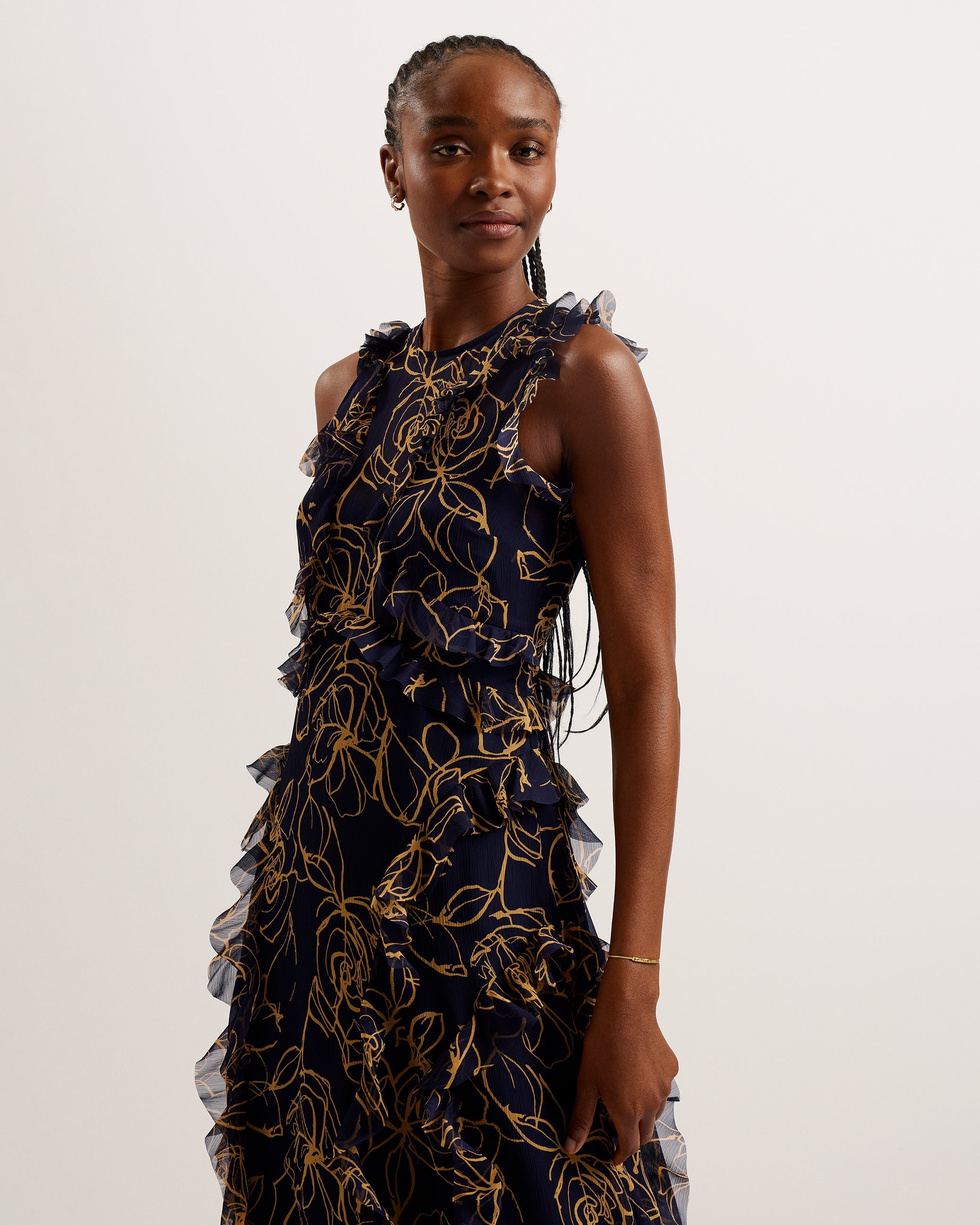 Rize Sleeveless Waterfall Ruffle Midi Dress Navy