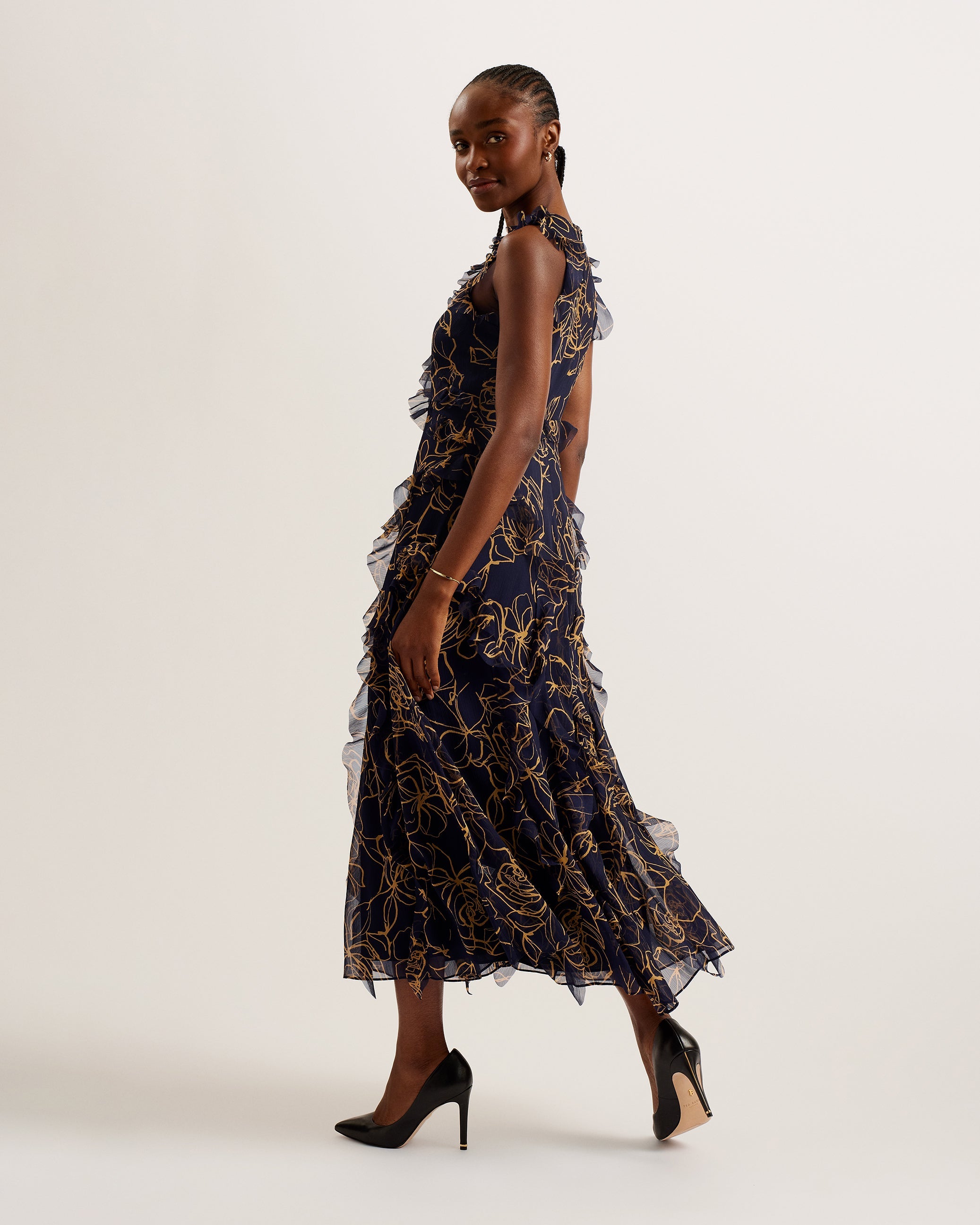 Rize Sleeveless Waterfall Ruffle Midi Dress Navy