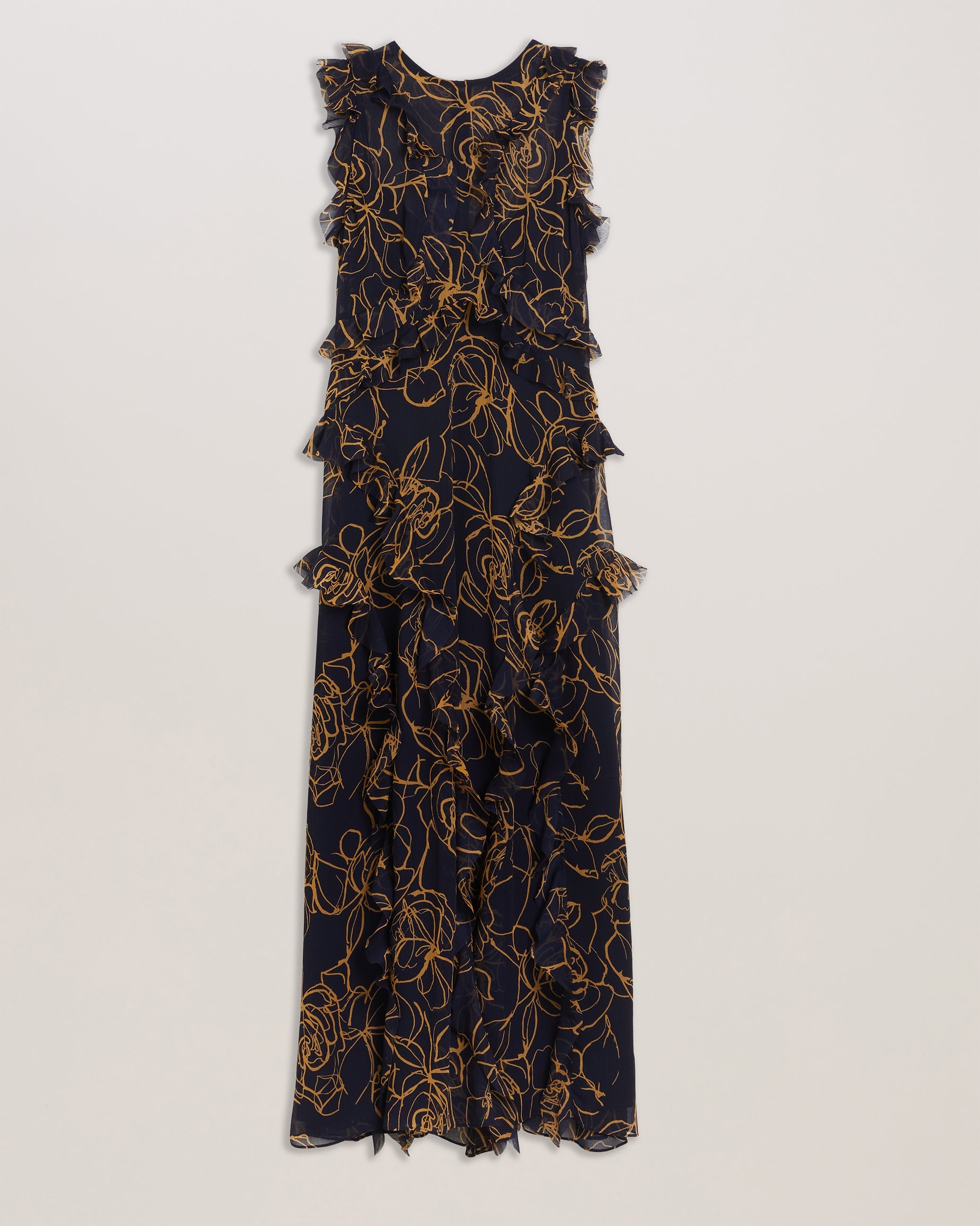 Rize Sleeveless Waterfall Ruffle Midi Dress Navy