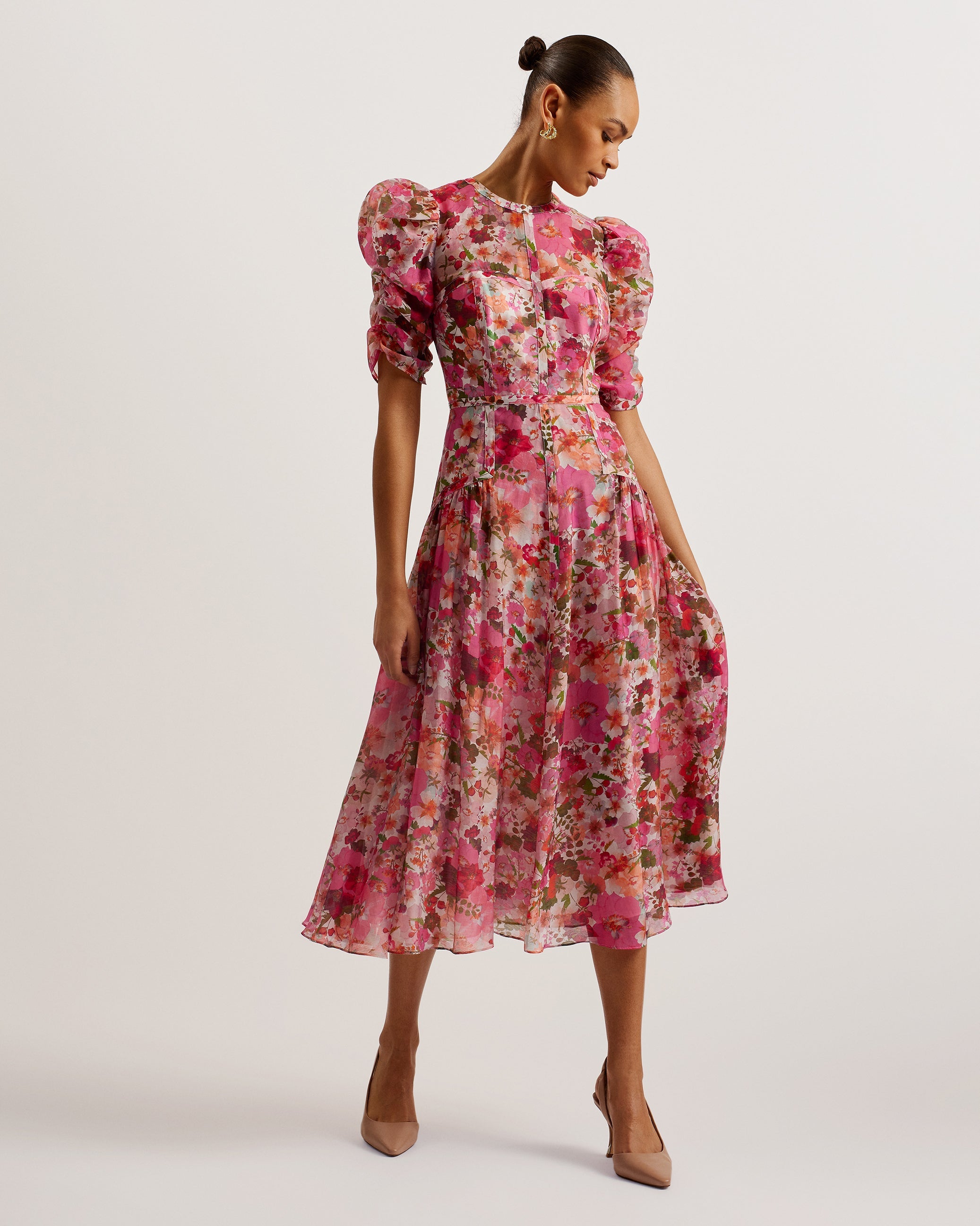 Botani Floral Print Puff Sleeve Midi Dress Pink