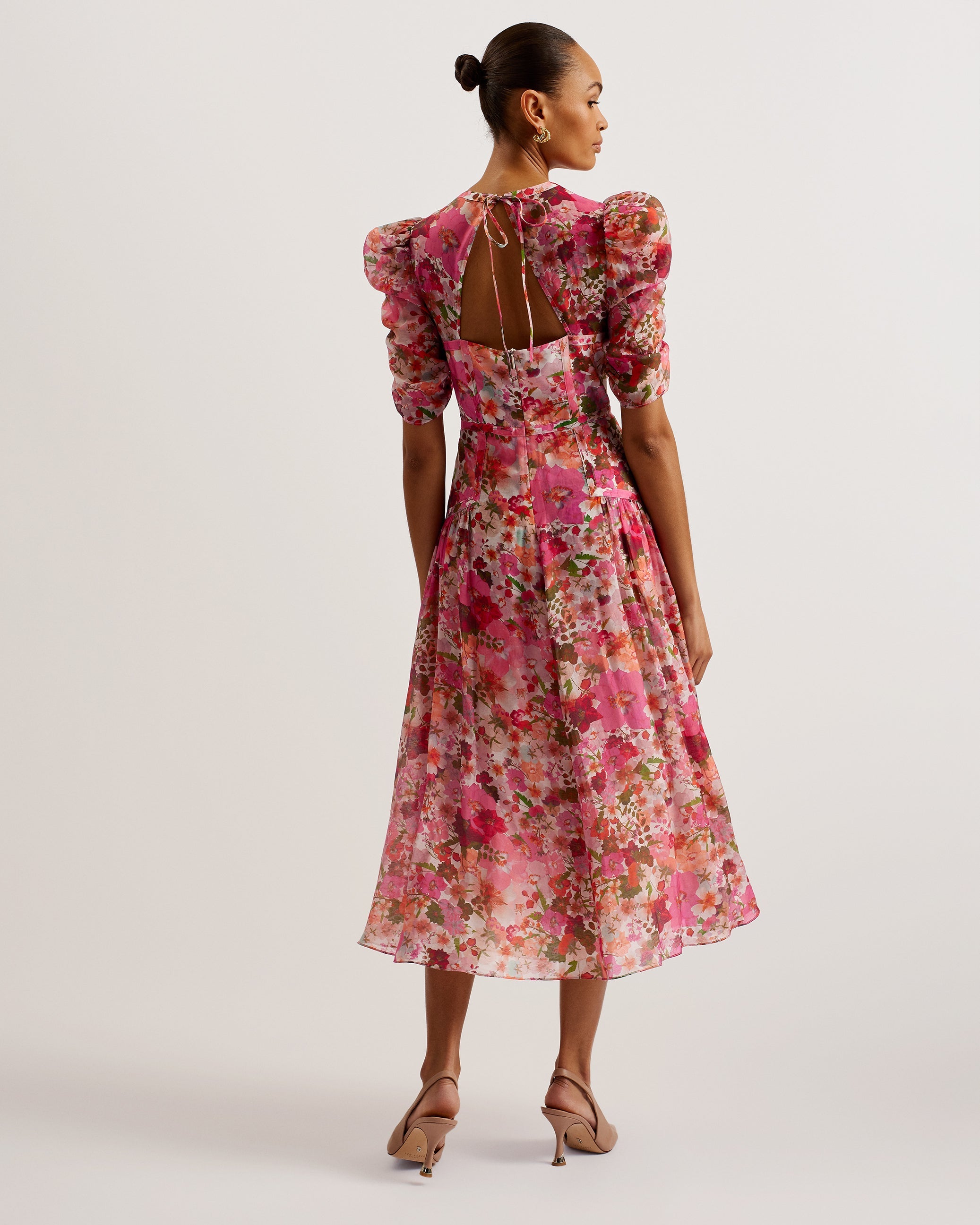 Botani Floral Print Puff Sleeve Midi Dress Pink