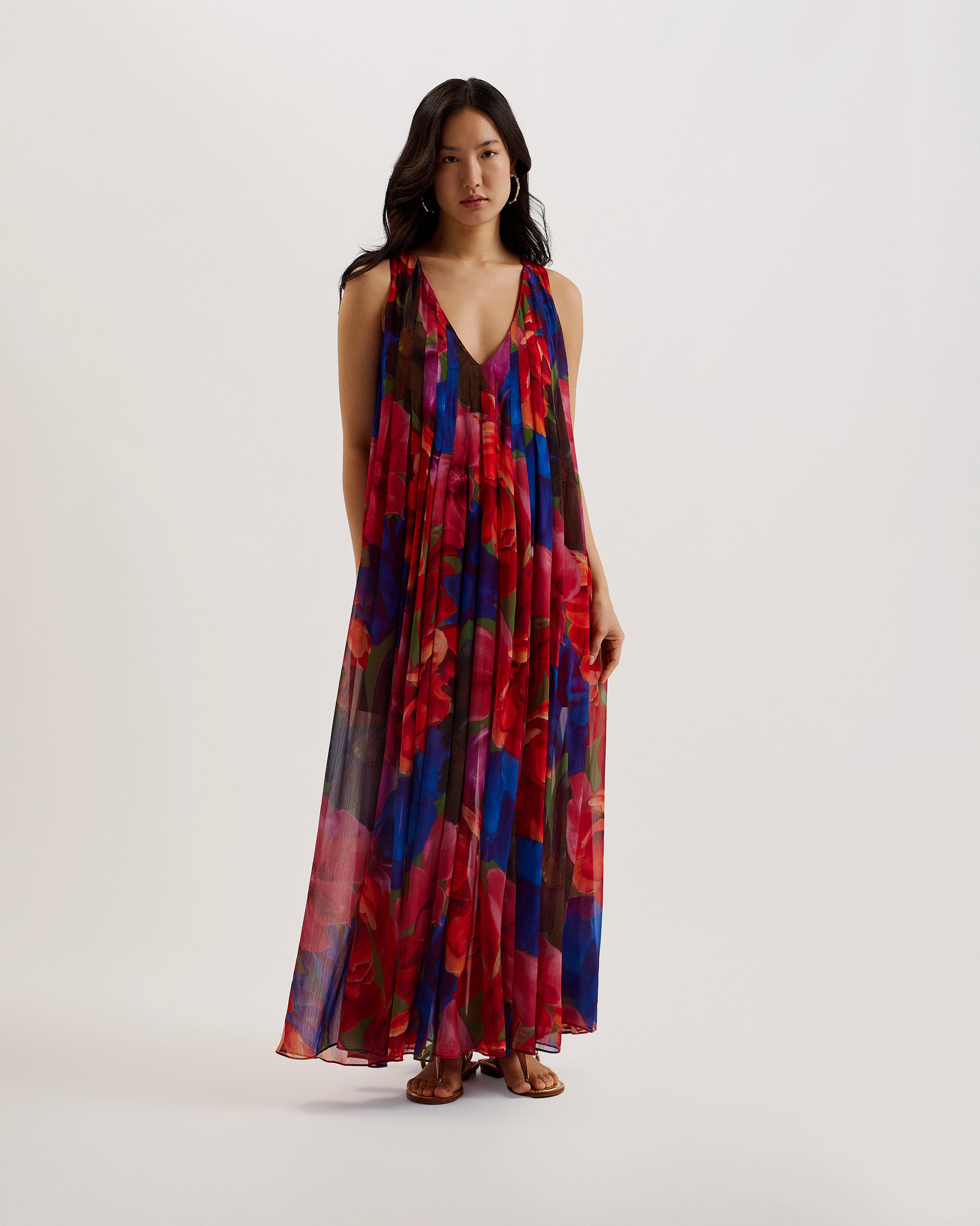 Rabiusa Organza Tropical Bloom V Neck Maxi Dress Multicolor