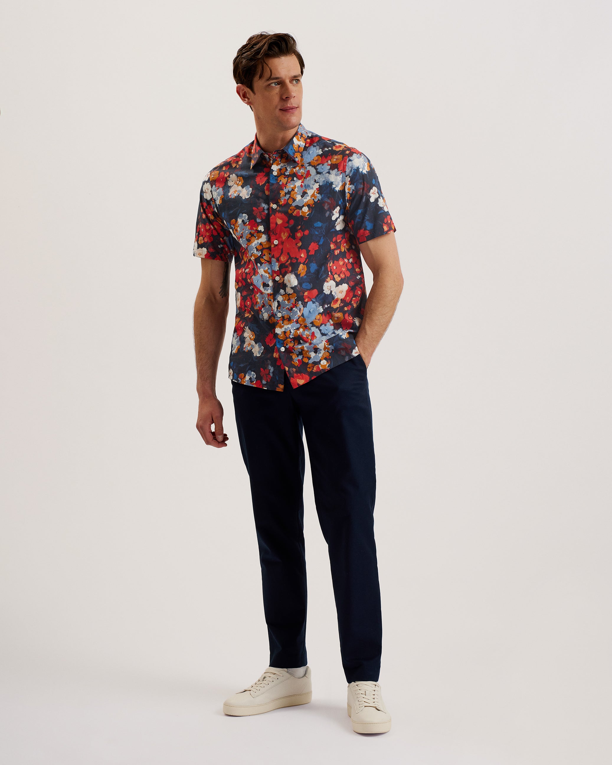 Pierres Ss Regular Camo Floral Shirt Dk-Blue