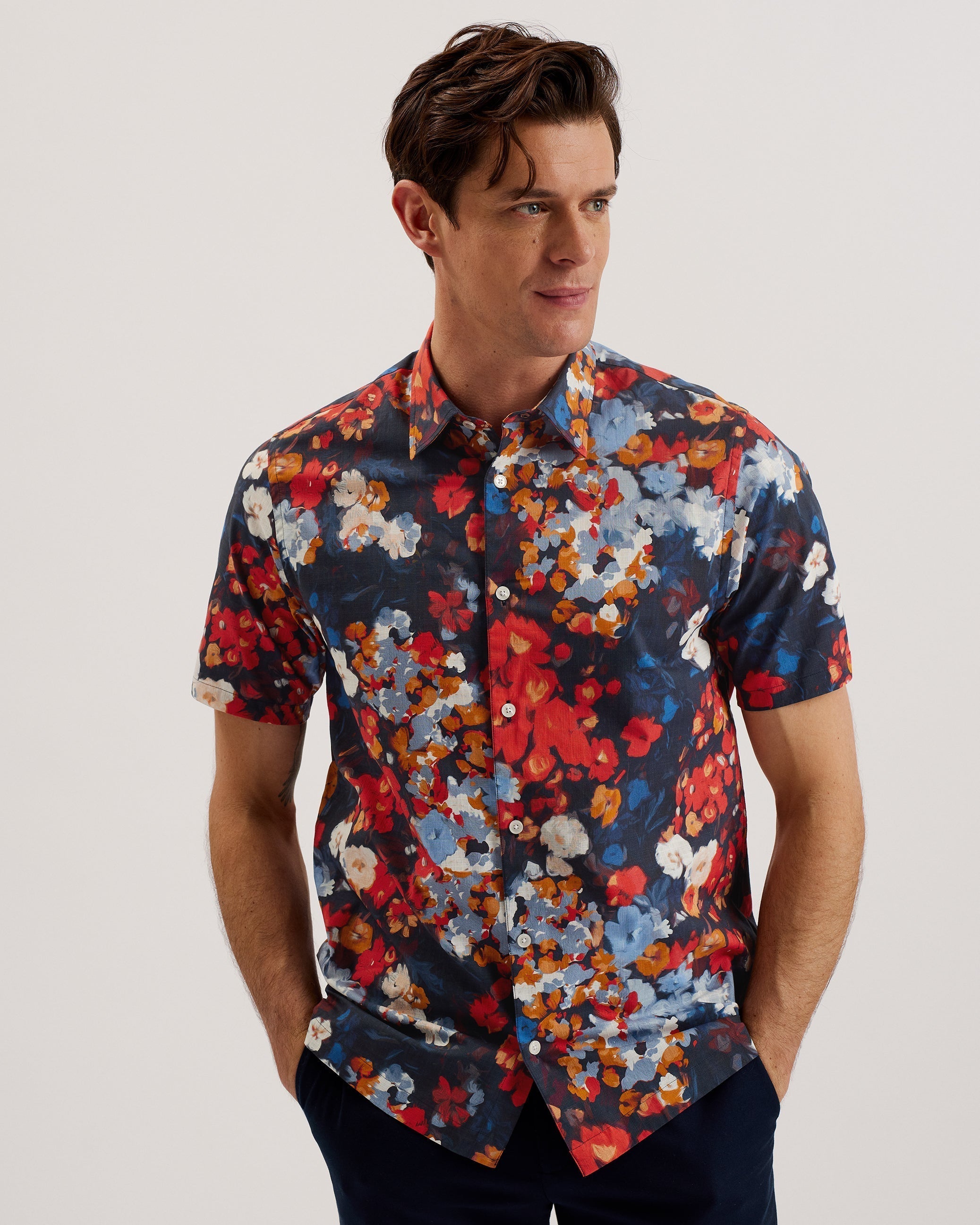 Pierres Ss Regular Camo Floral Shirt Dk-Blue