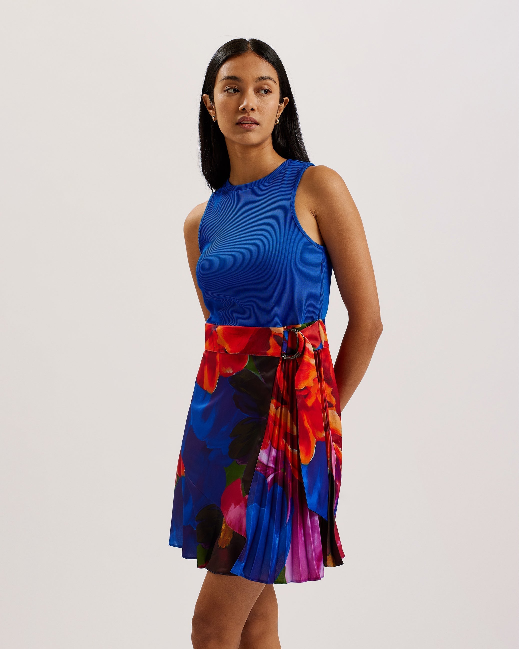 strapless open back dress Shop Sandiyy Printed Pleated Mini Dress With Knit Blue for Women Online