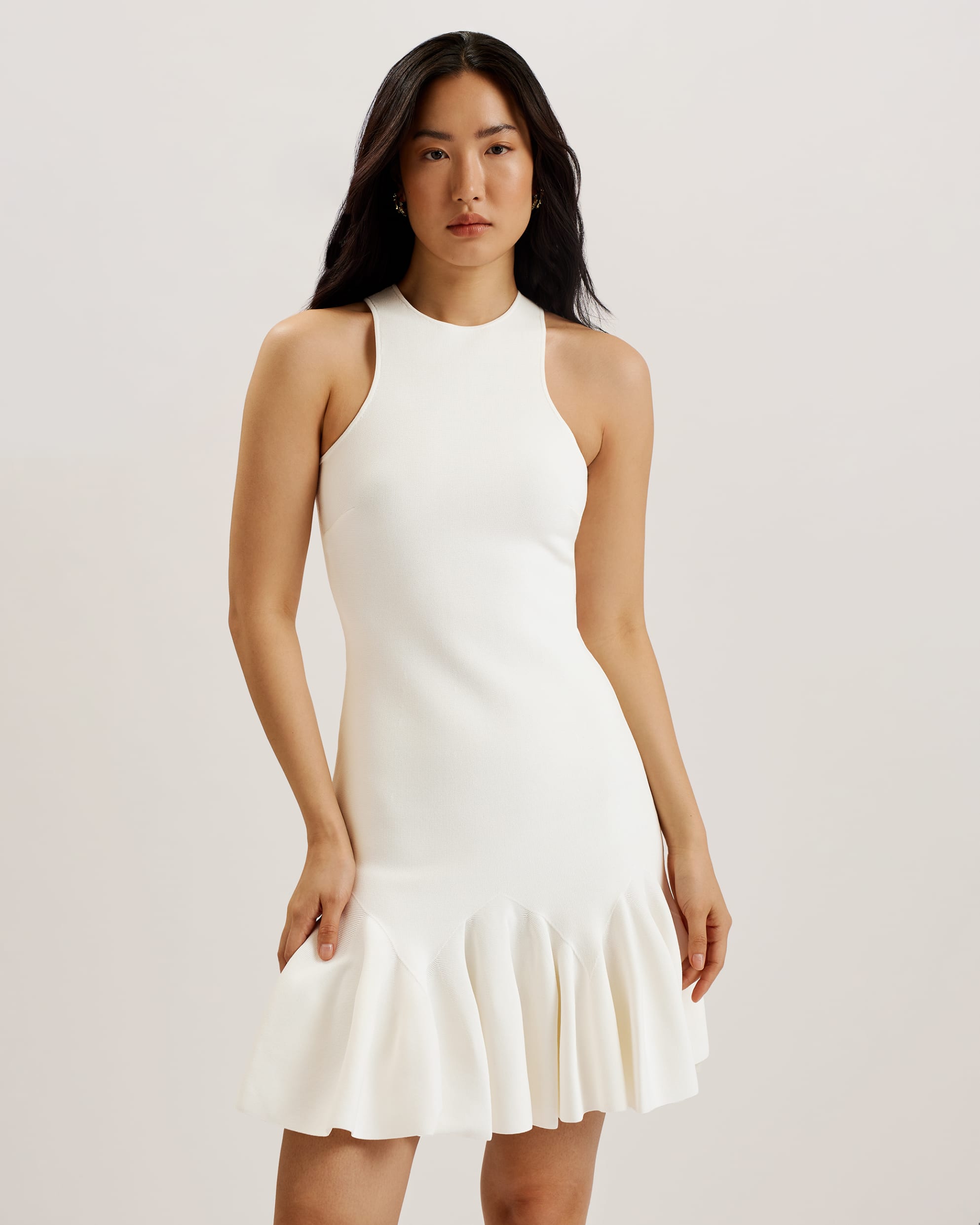 Elzaaa Fluted Hem Knitted Mini Dress Ivory