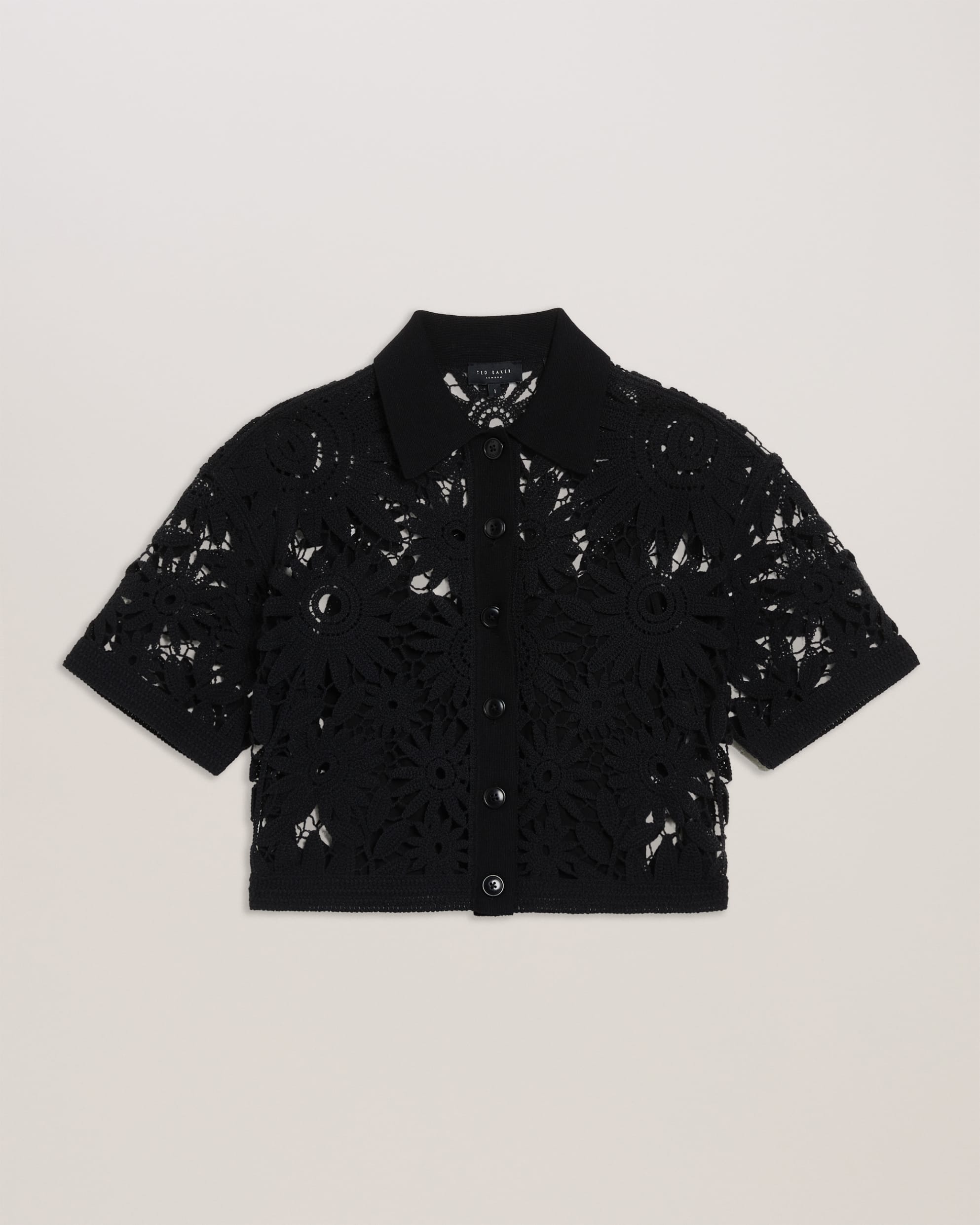 Angiiee Floral Crochet Boxy Cropped Shirt Black