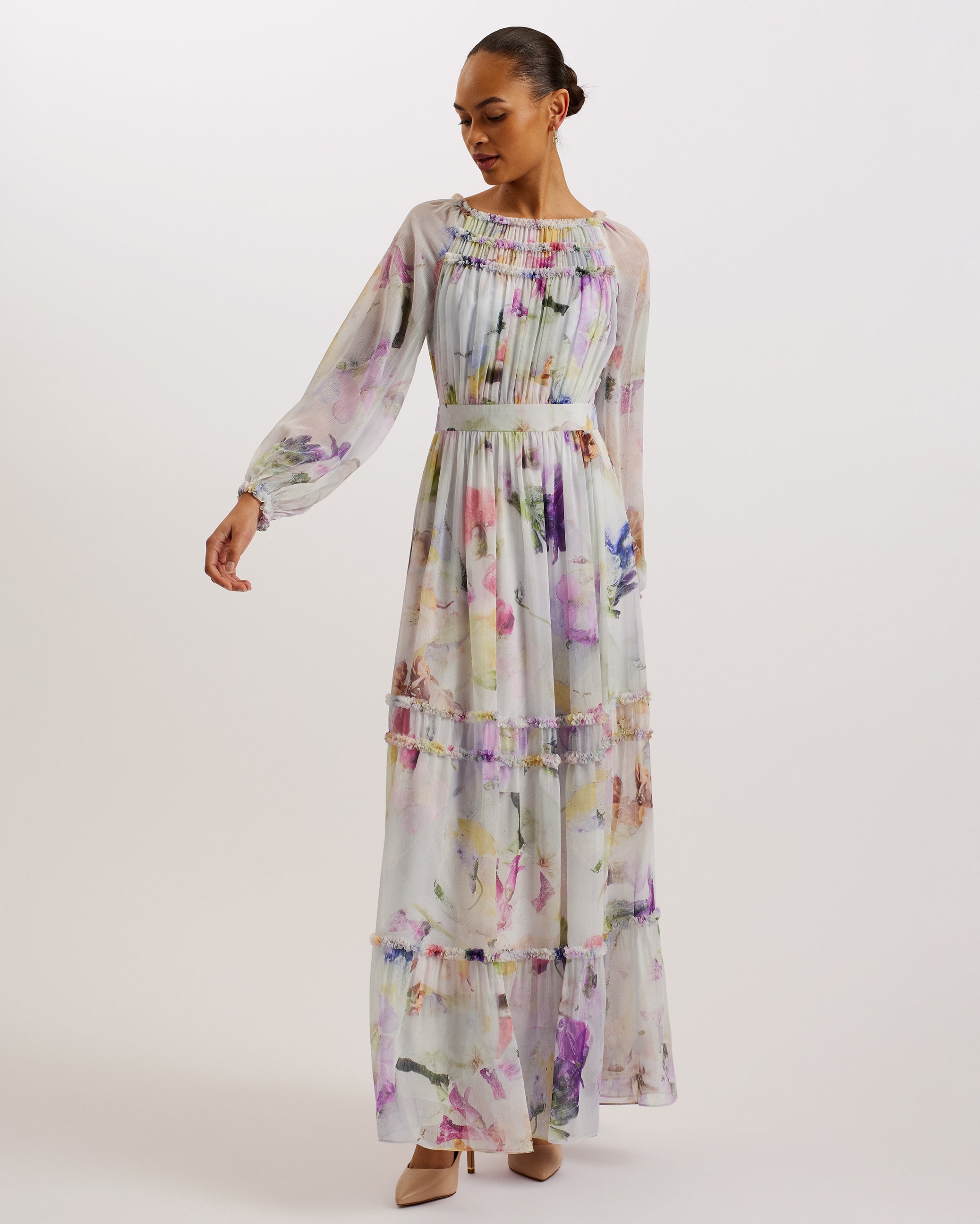 Bellas Long Sleeve Ruffle Detail Maxi Dress White