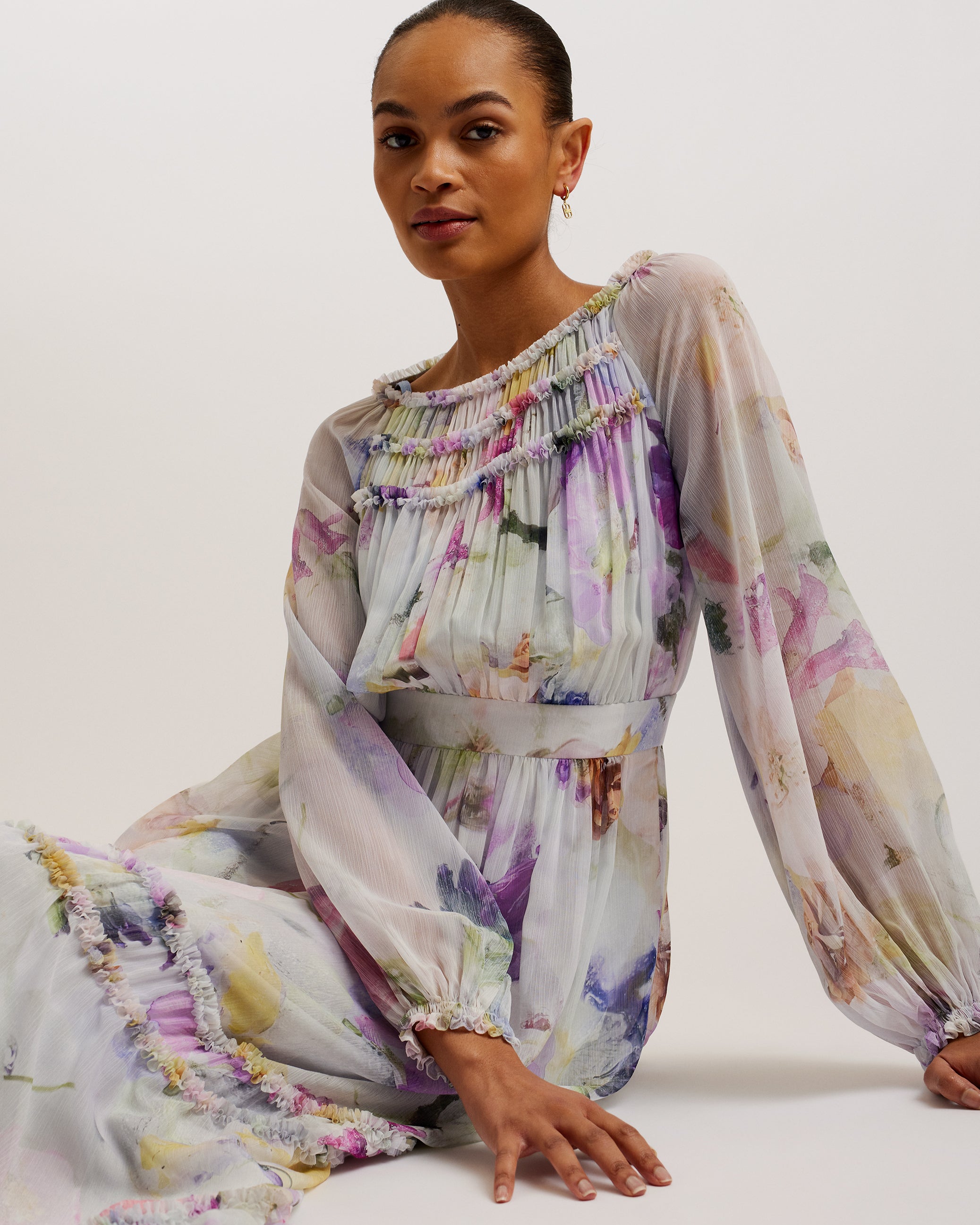 Bellas Long Sleeve Ruffle Detail Maxi Dress White