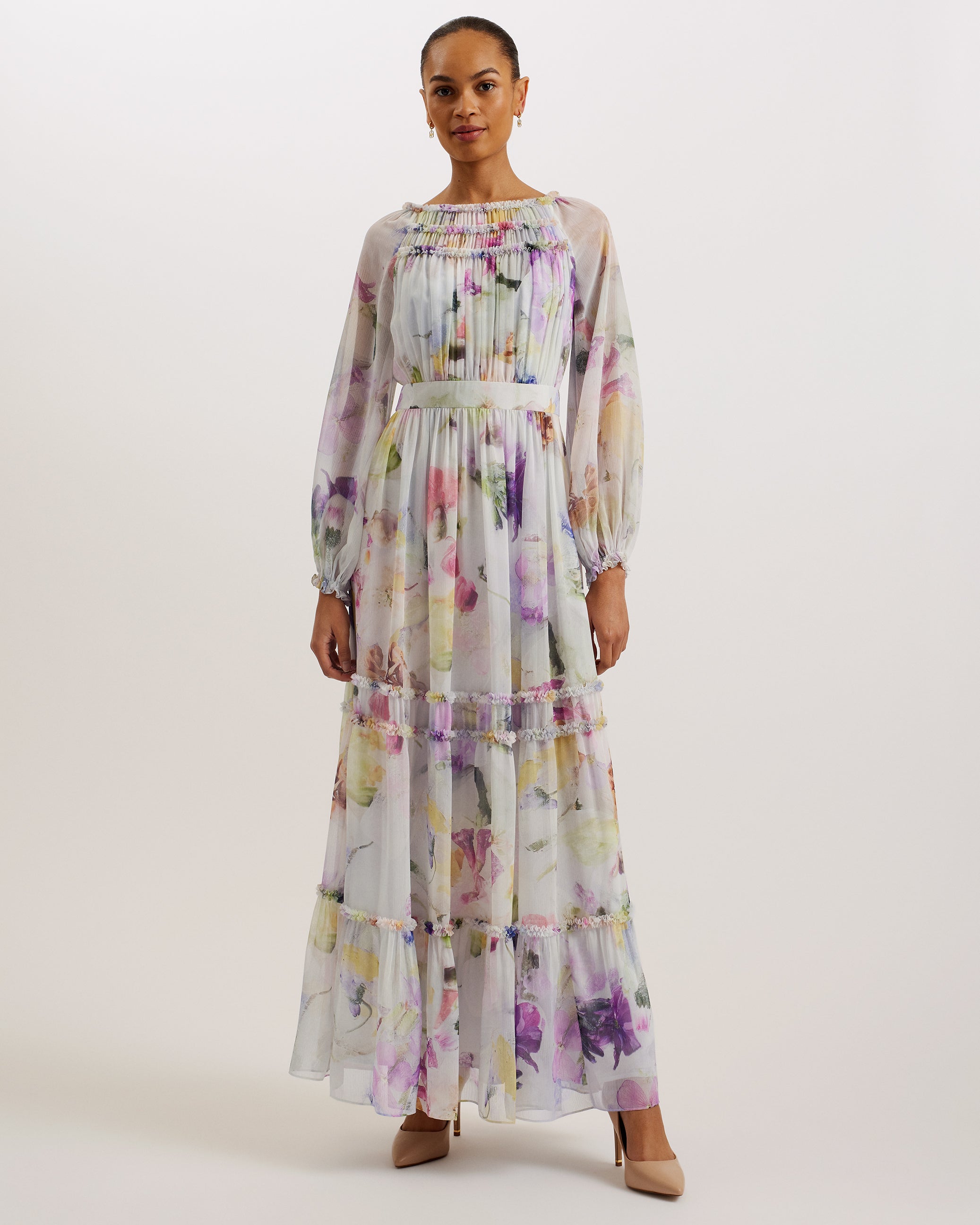 Bellas Long Sleeve Ruffle Detail Maxi Dress White