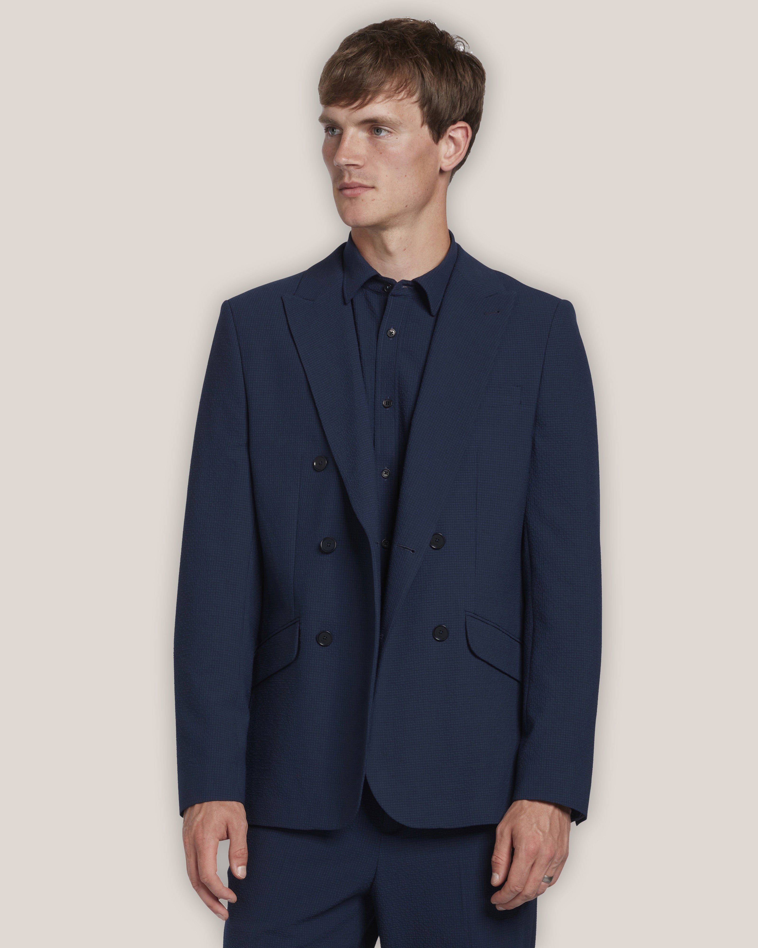 Restonn Seersucker Blazer Single Breasted Navy
