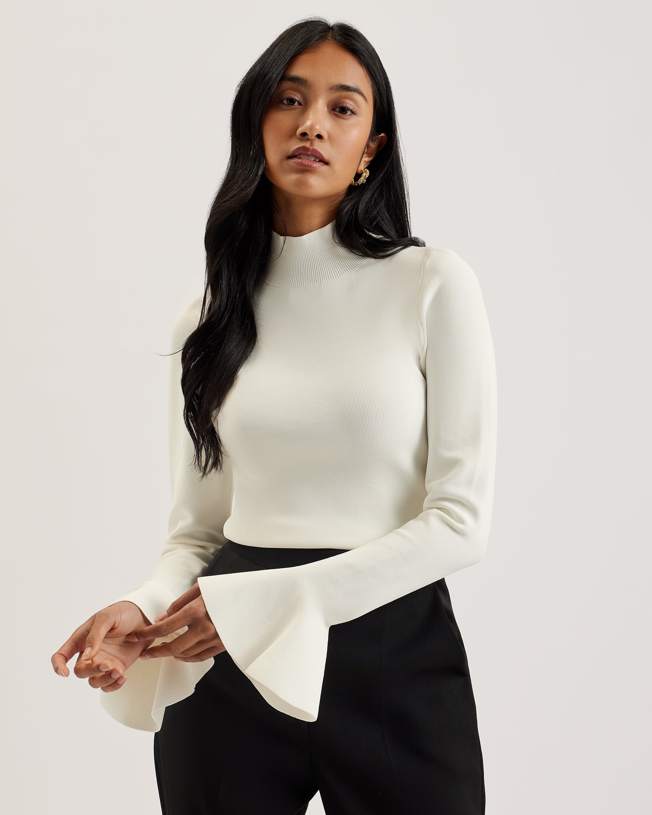 Laynha High Neck Knitted Frill Sleeve Top Ivory