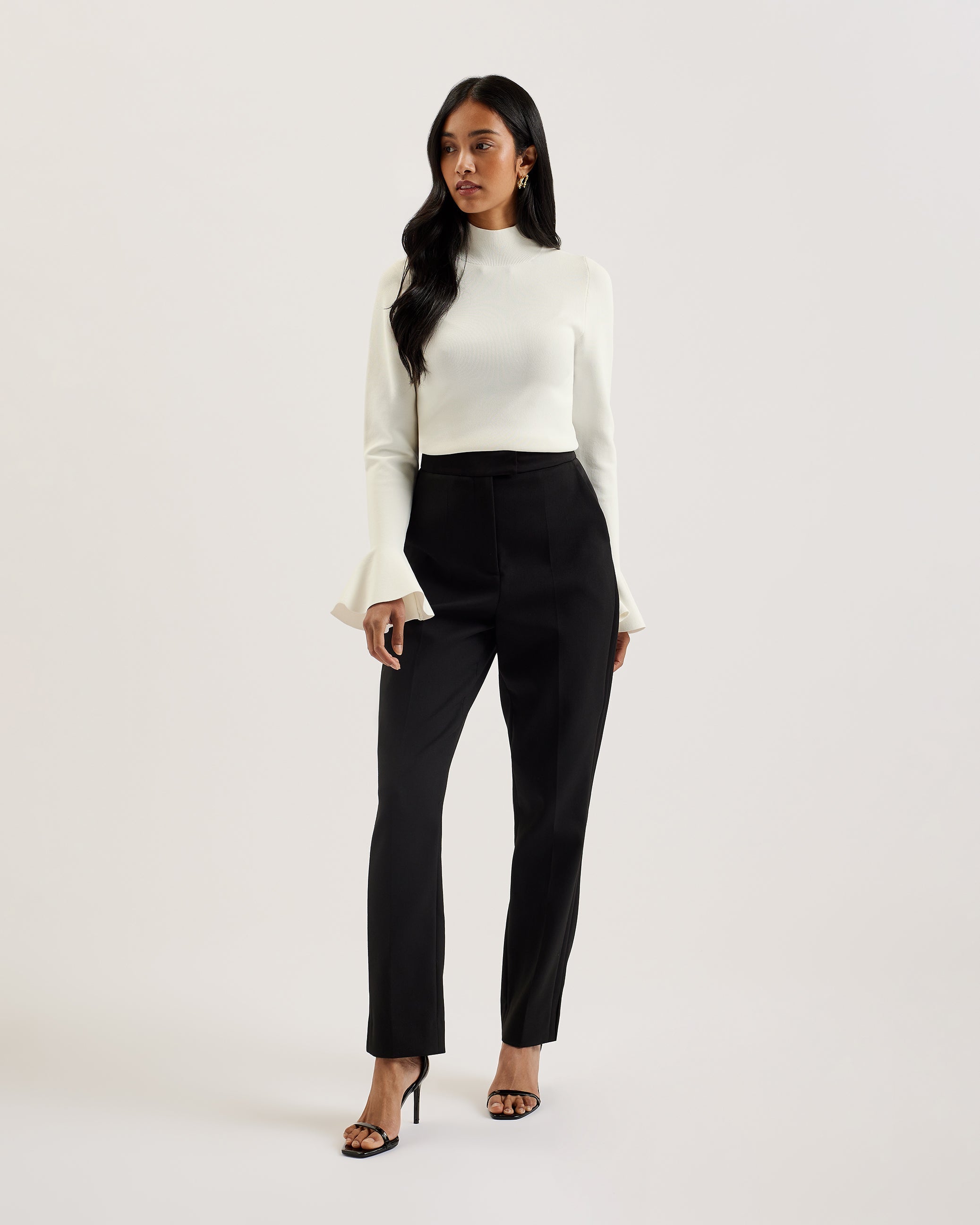 Laynha High Neck Knitted Frill Sleeve Top Ivory