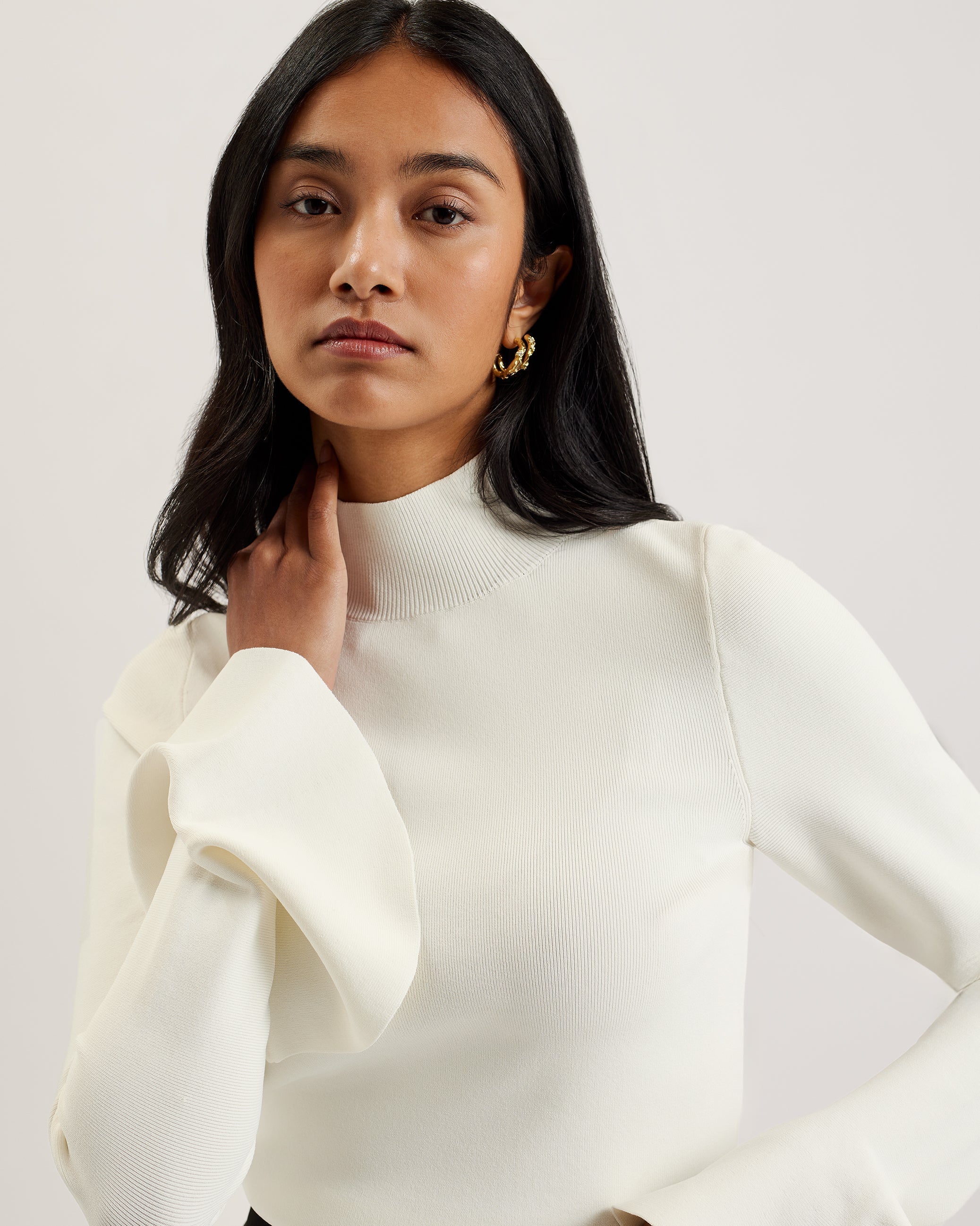 Laynha High Neck Knitted Frill Sleeve Top Ivory