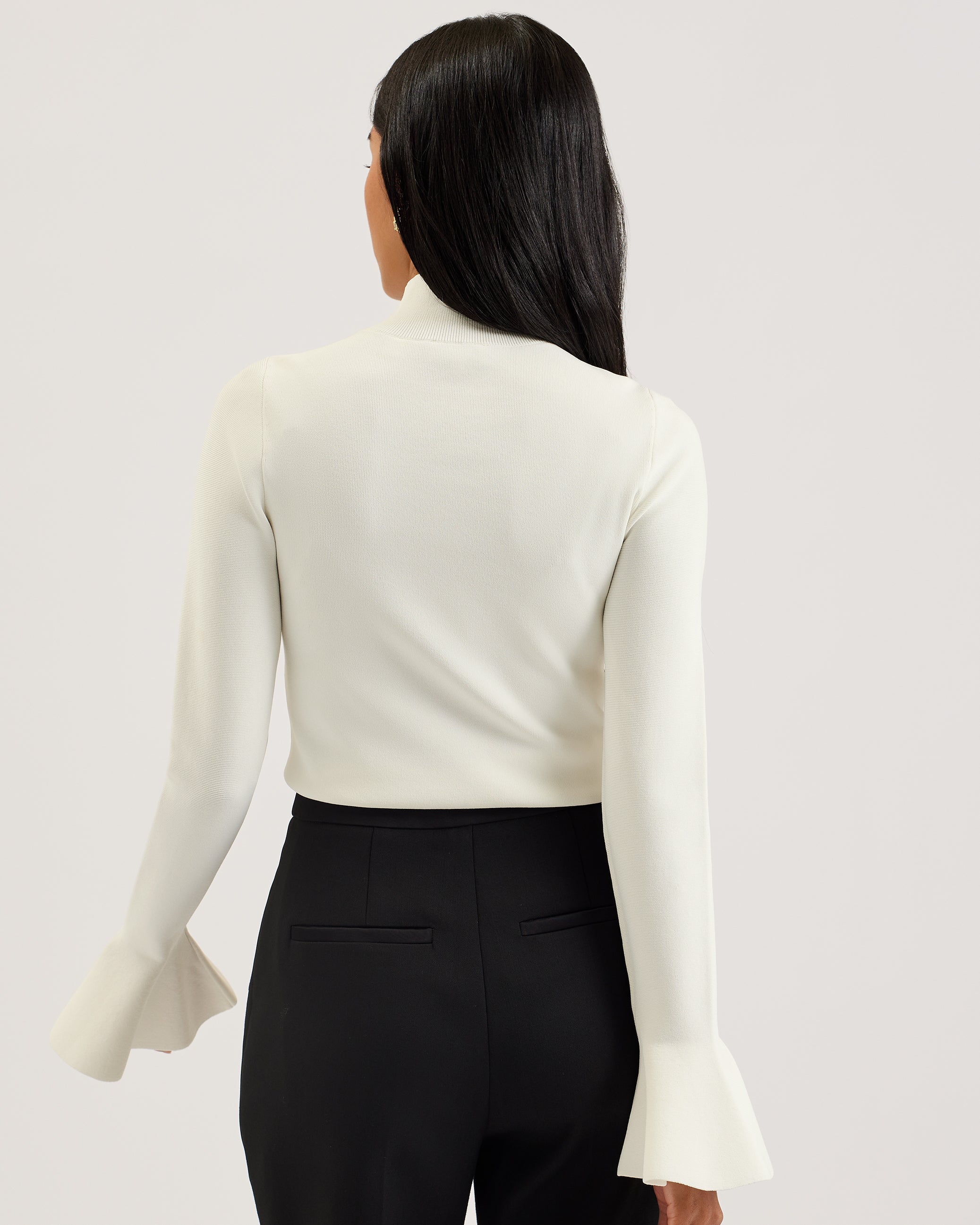Laynha High Neck Knitted Frill Sleeve Top Ivory
