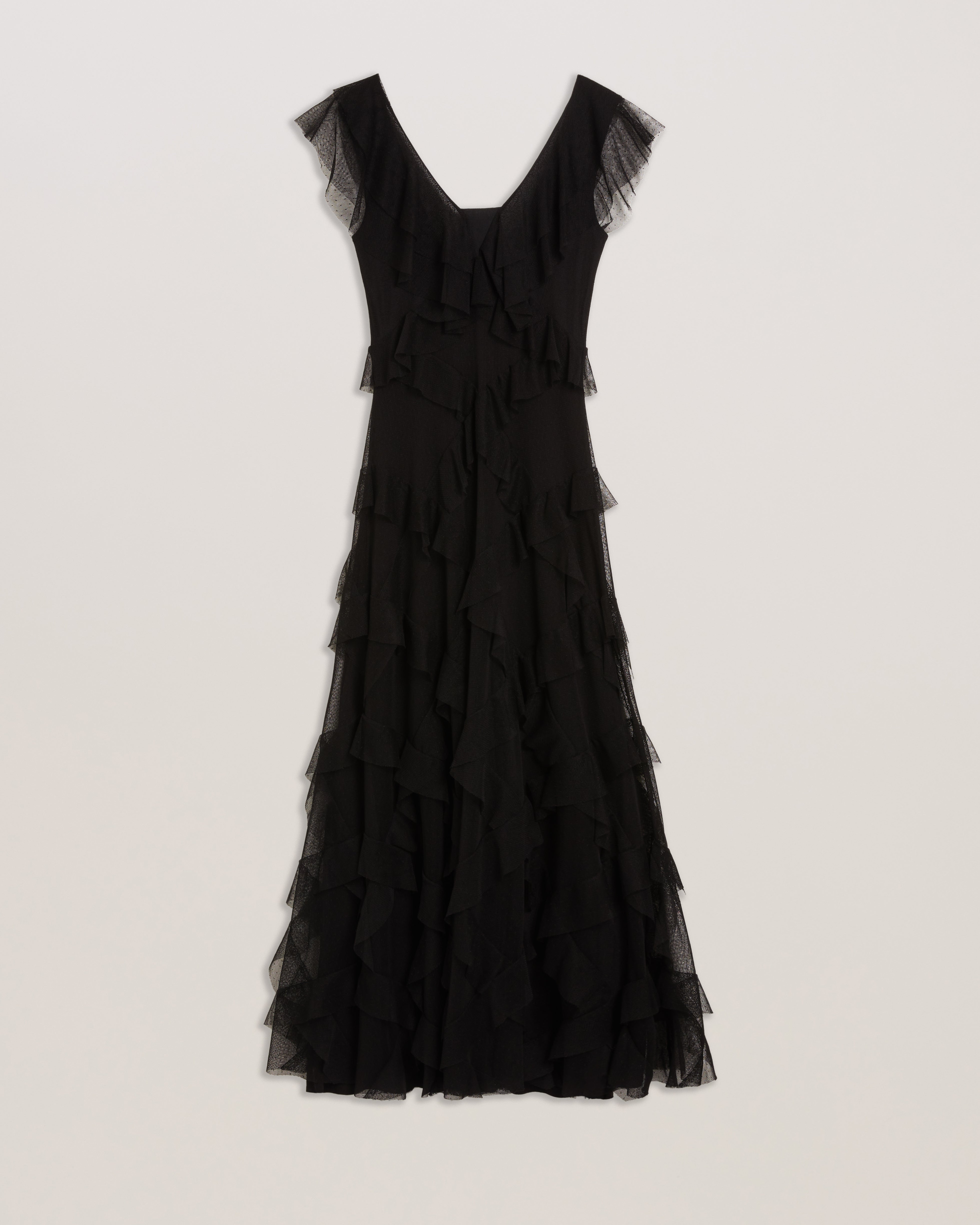 Shop Nikaa Mesh Ruffle Plunge Maxi Dress Black for Women Online