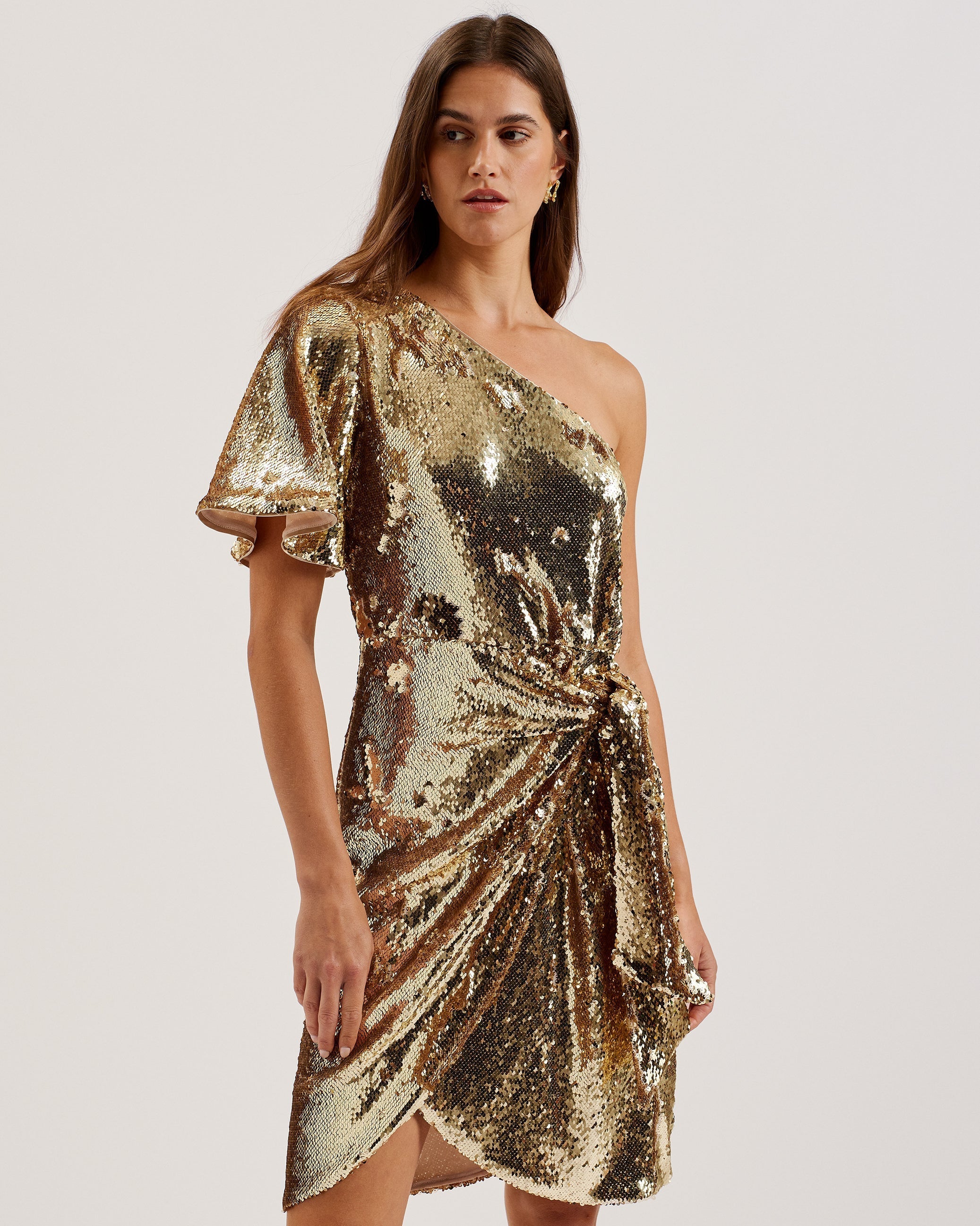 Novaaa Sequin One Shoulder Tie Waist Mini Dress Gold
