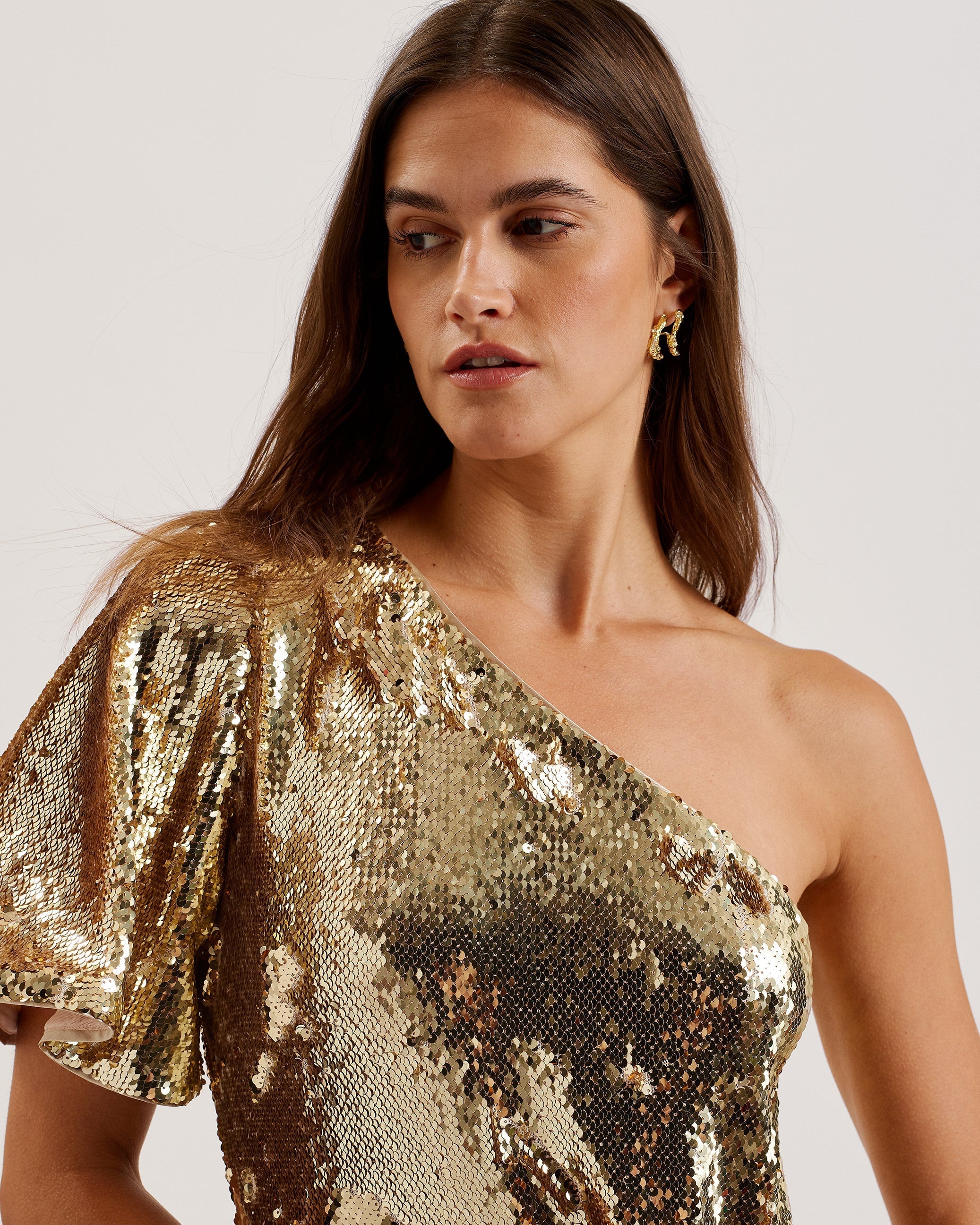 Novaaa Sequin One Shoulder Tie Waist Mini Dress Gold