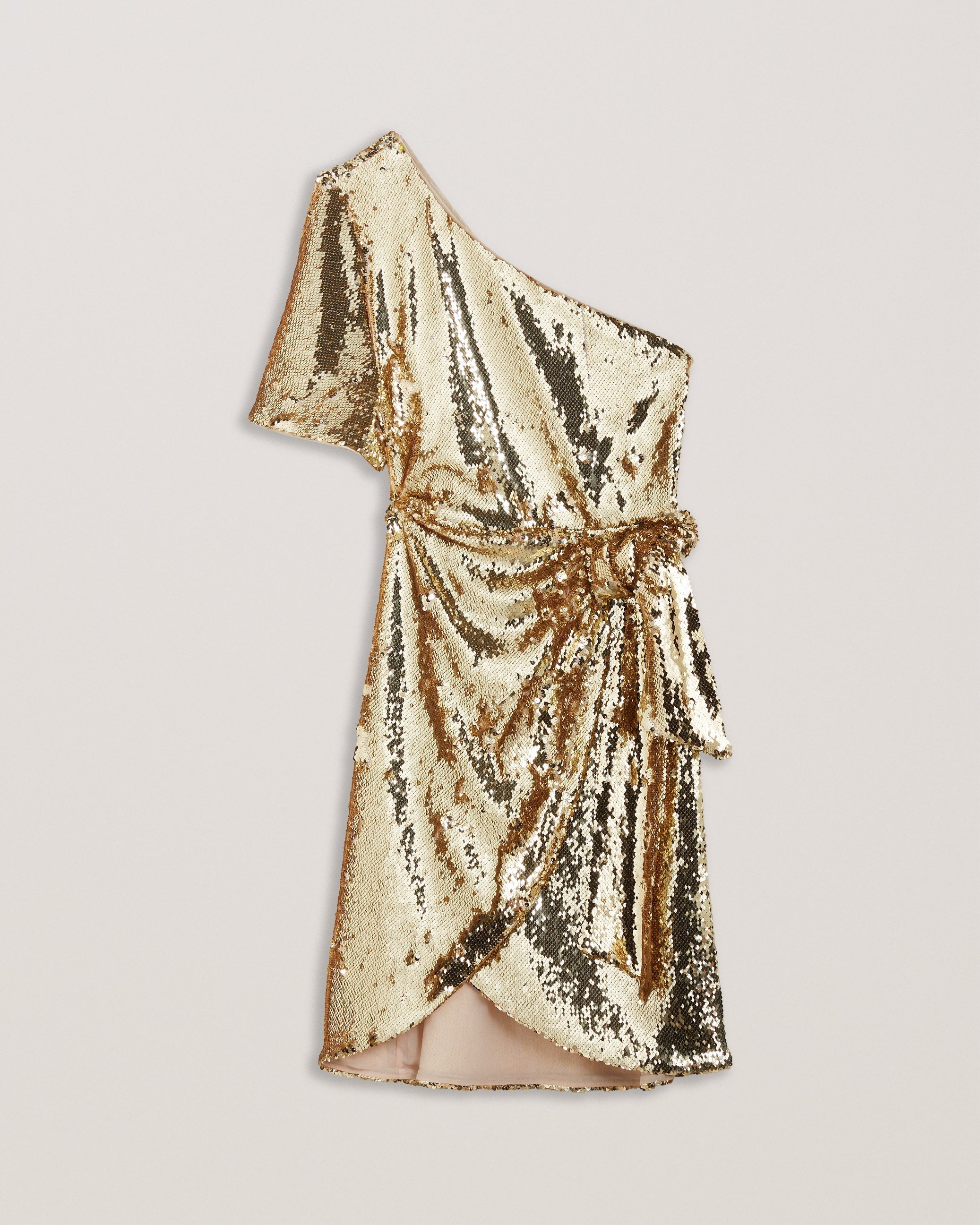 Novaaa Sequin One Shoulder Tie Waist Mini Dress Gold