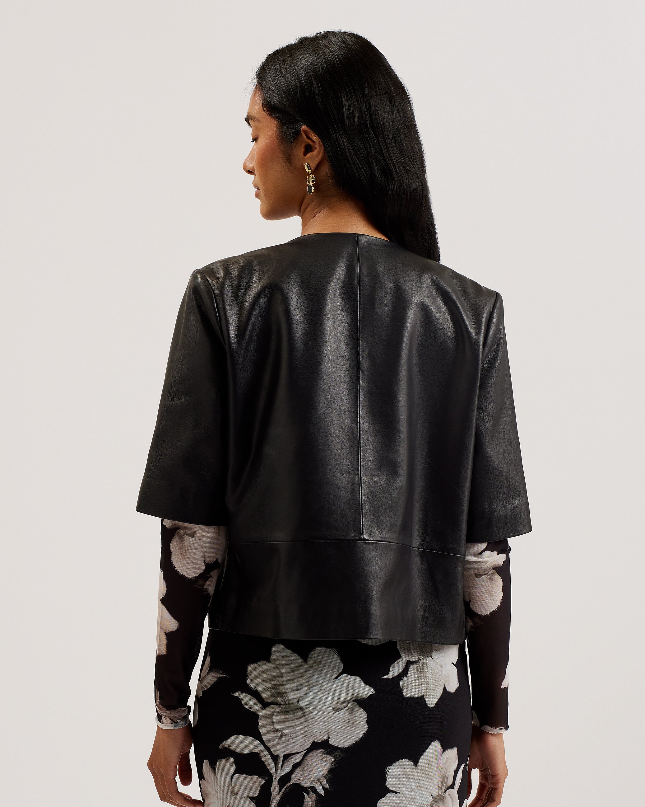 Obino Short Sleeve Leather Open Front Jacket Black