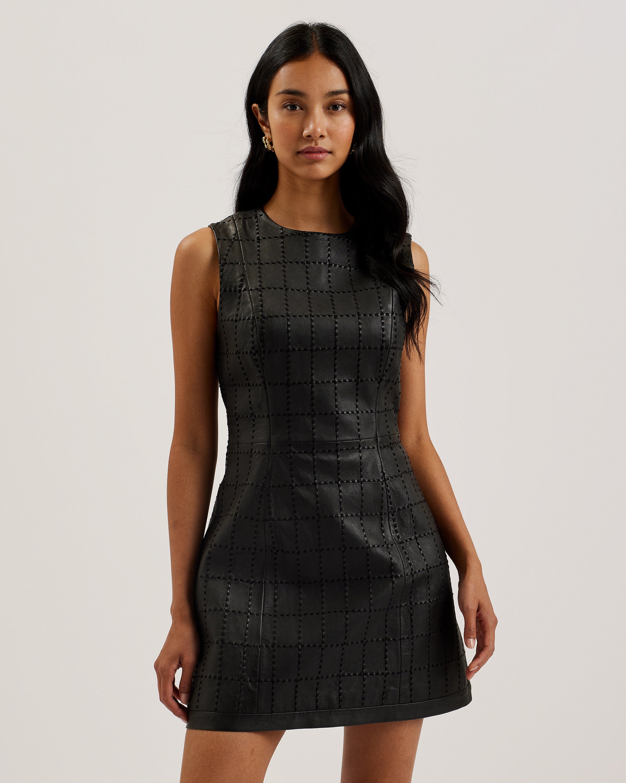 Mitsud Checked Stitch Leather Mini Dress Black