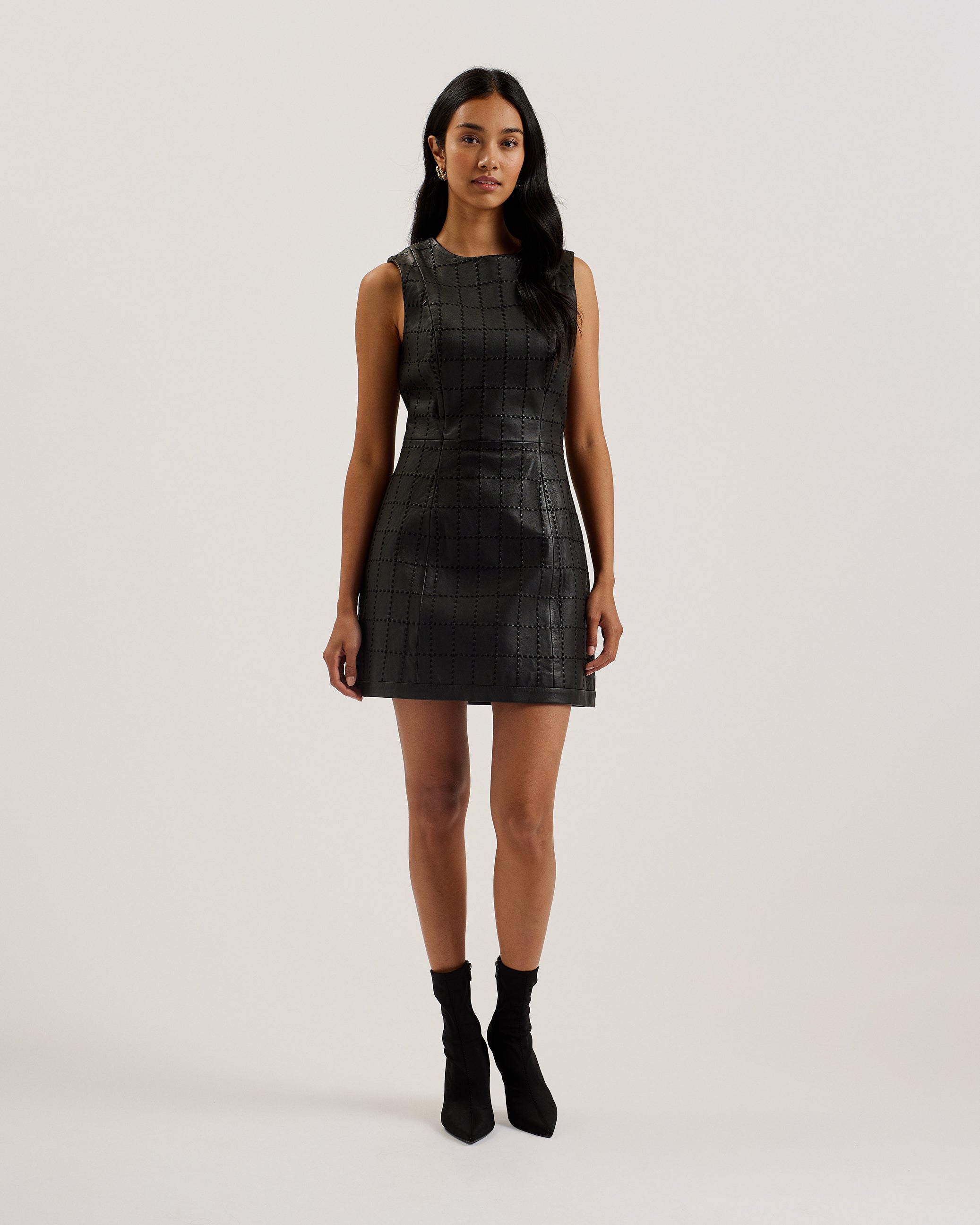 Mitsud Checked Stitch Leather Mini Dress Black