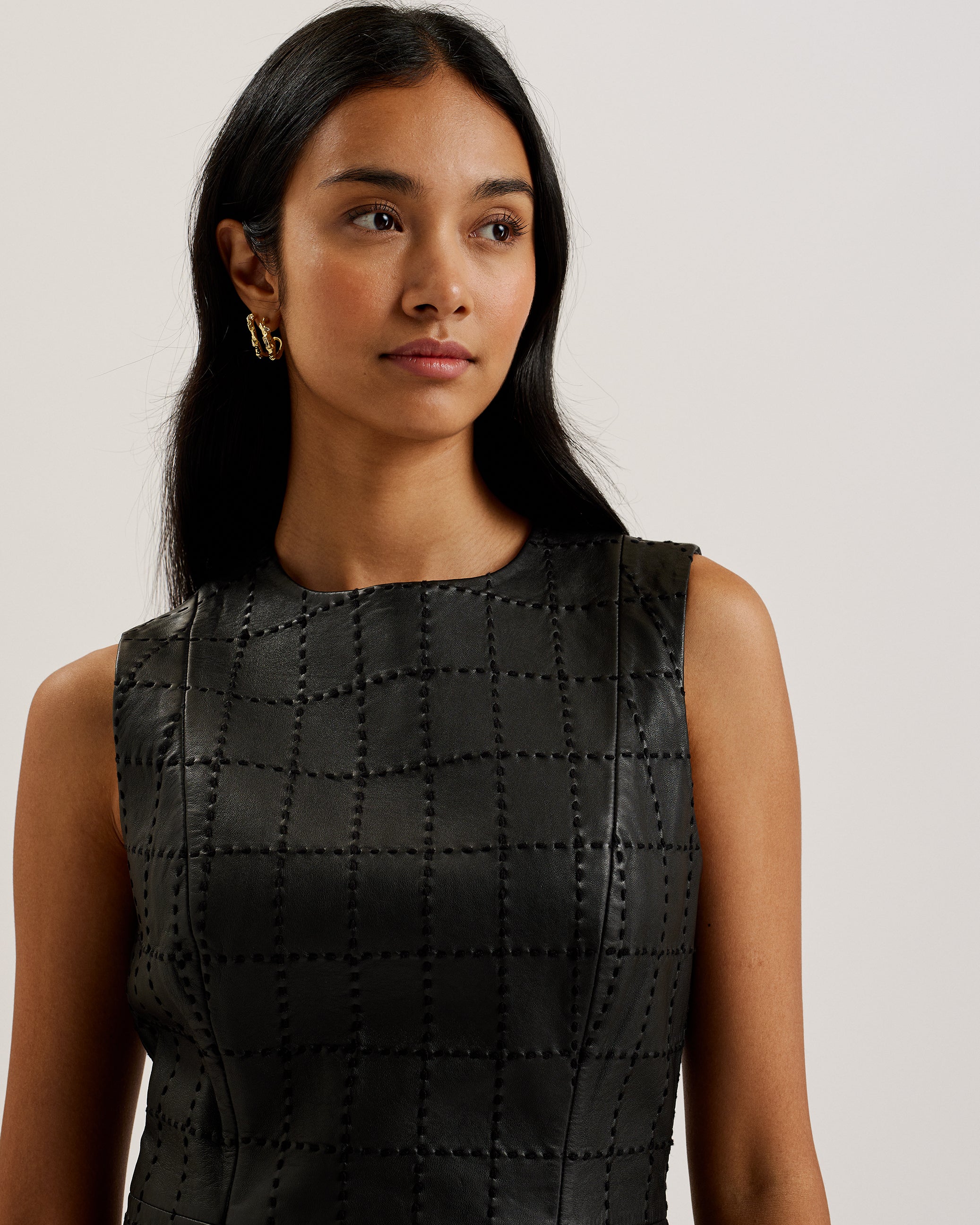 Mitsud Checked Stitch Leather Mini Dress Black