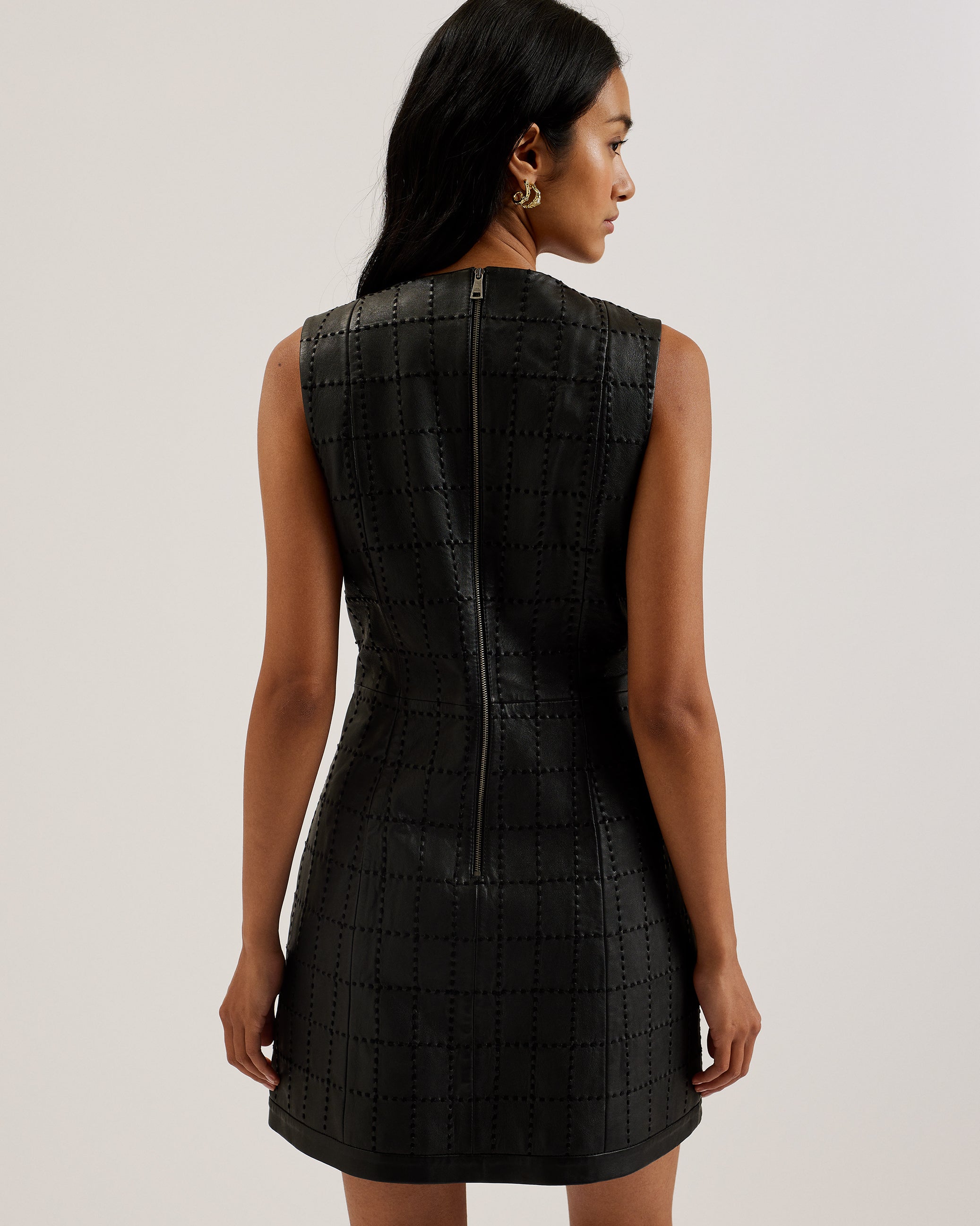 Mitsud Checked Stitch Leather Mini Dress Black