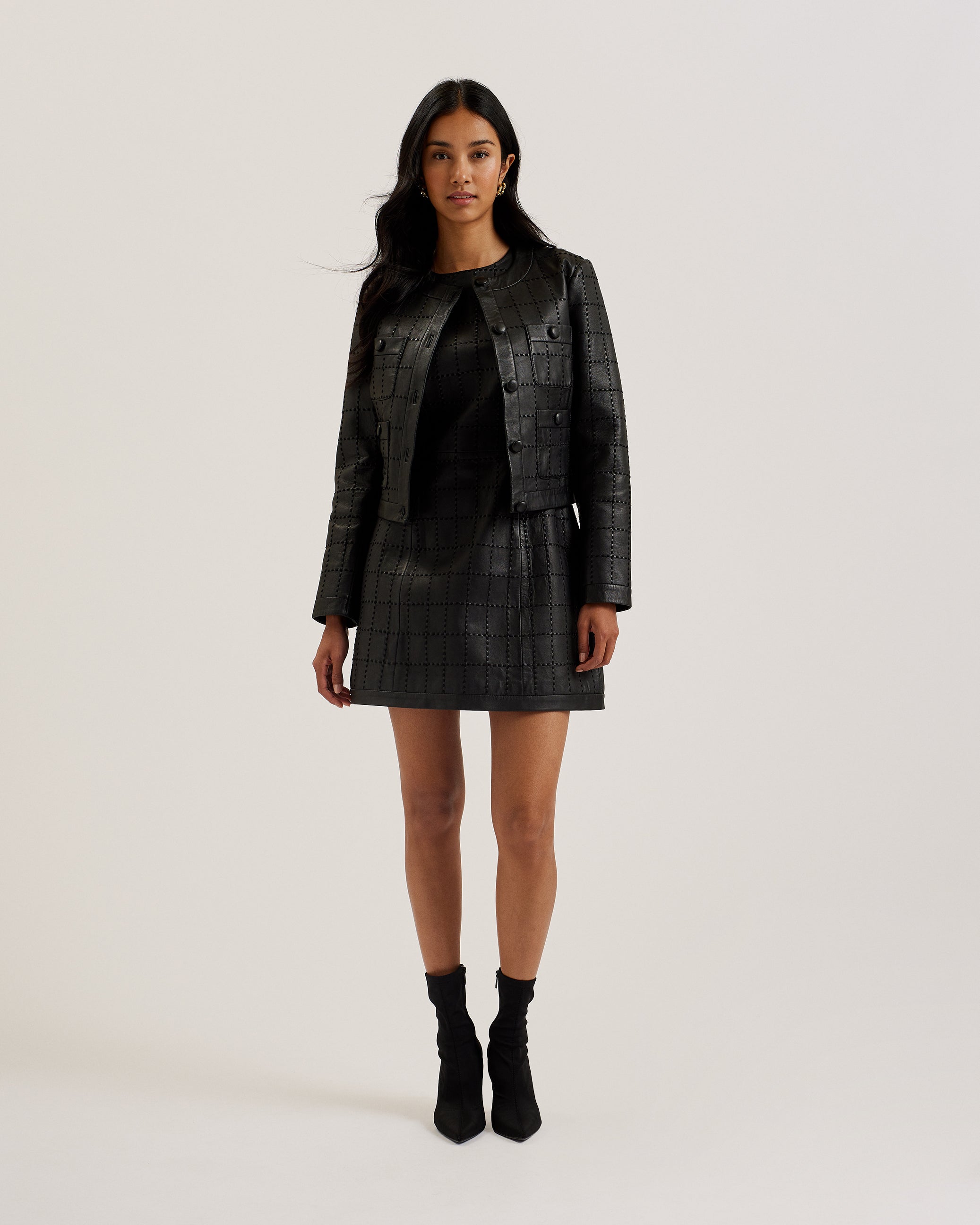 Mitsu Checked Stitch Leather Cropped Jacket Black