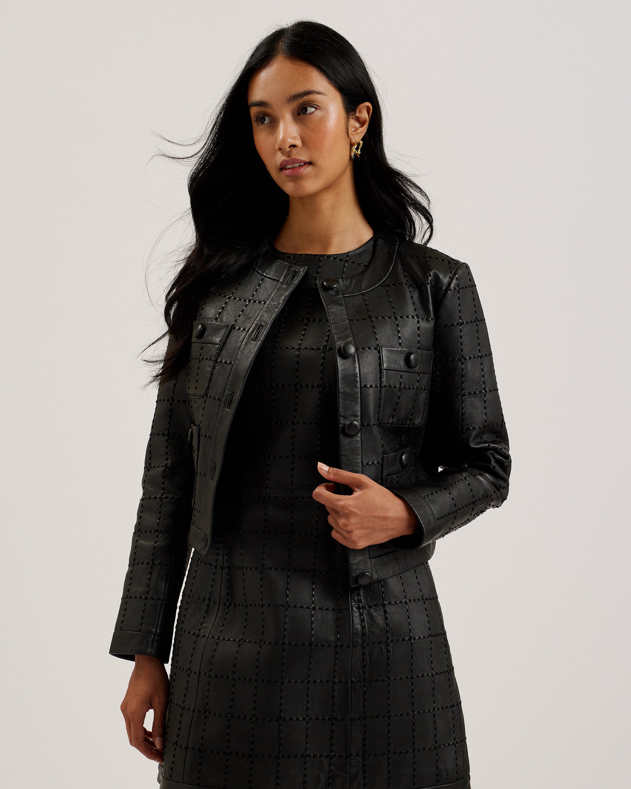 Mitsu Checked Stitch Leather Cropped Jacket Black