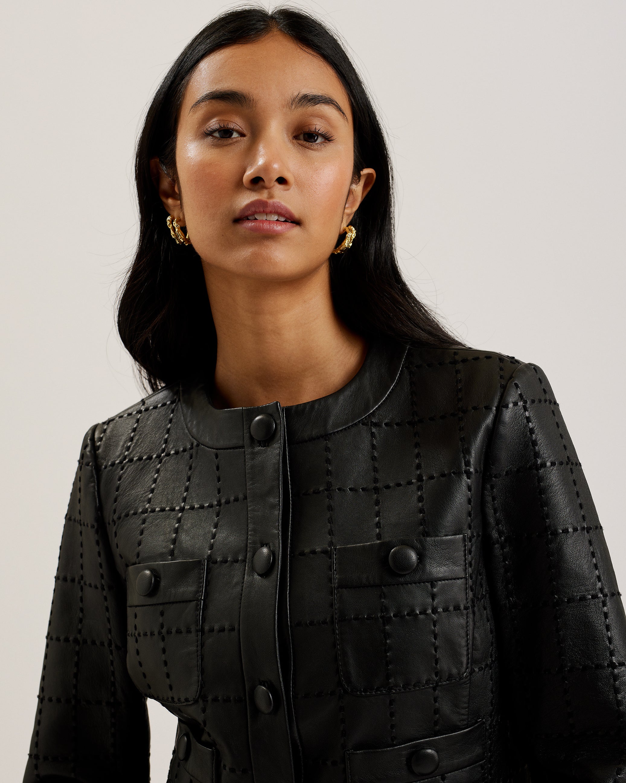 Mitsu Checked Stitch Leather Cropped Jacket Black